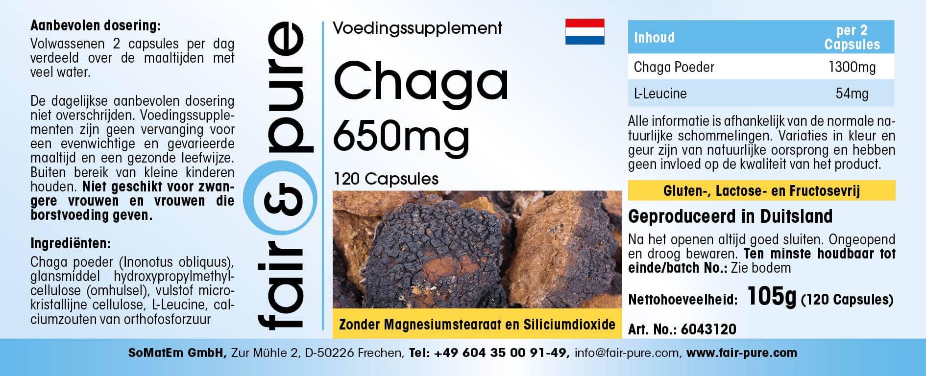 Fair & Pure® - Chaga 650mg - Capsule - Inonotus obliquus - Vegan - 120 Capsule