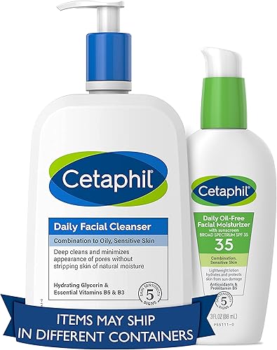 Cetaphil Daily Cleanser and SPF Kit, Daily Facial Cleanser (20 oz) + Oil Free Face Moisturizer with SPF 35 (3 oz) Fragrance Free, For Dry, Combination, Sensitive Skin, Hypoallergenic, Non-Comedogenic