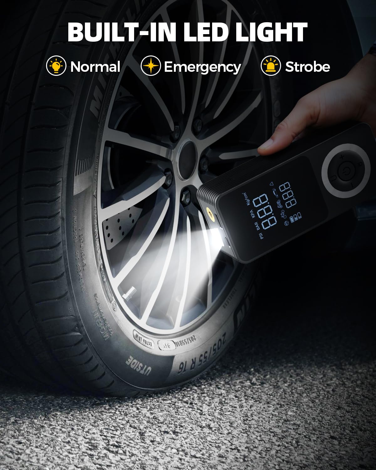 Gonfleur de pneu sans fil, compresseur d'air portable, pompe à air intelligente pour pneu de voiture avec manomètre numérique, lumière LED, adaptateur d'alimentation de voiture 12 V, boîte de
