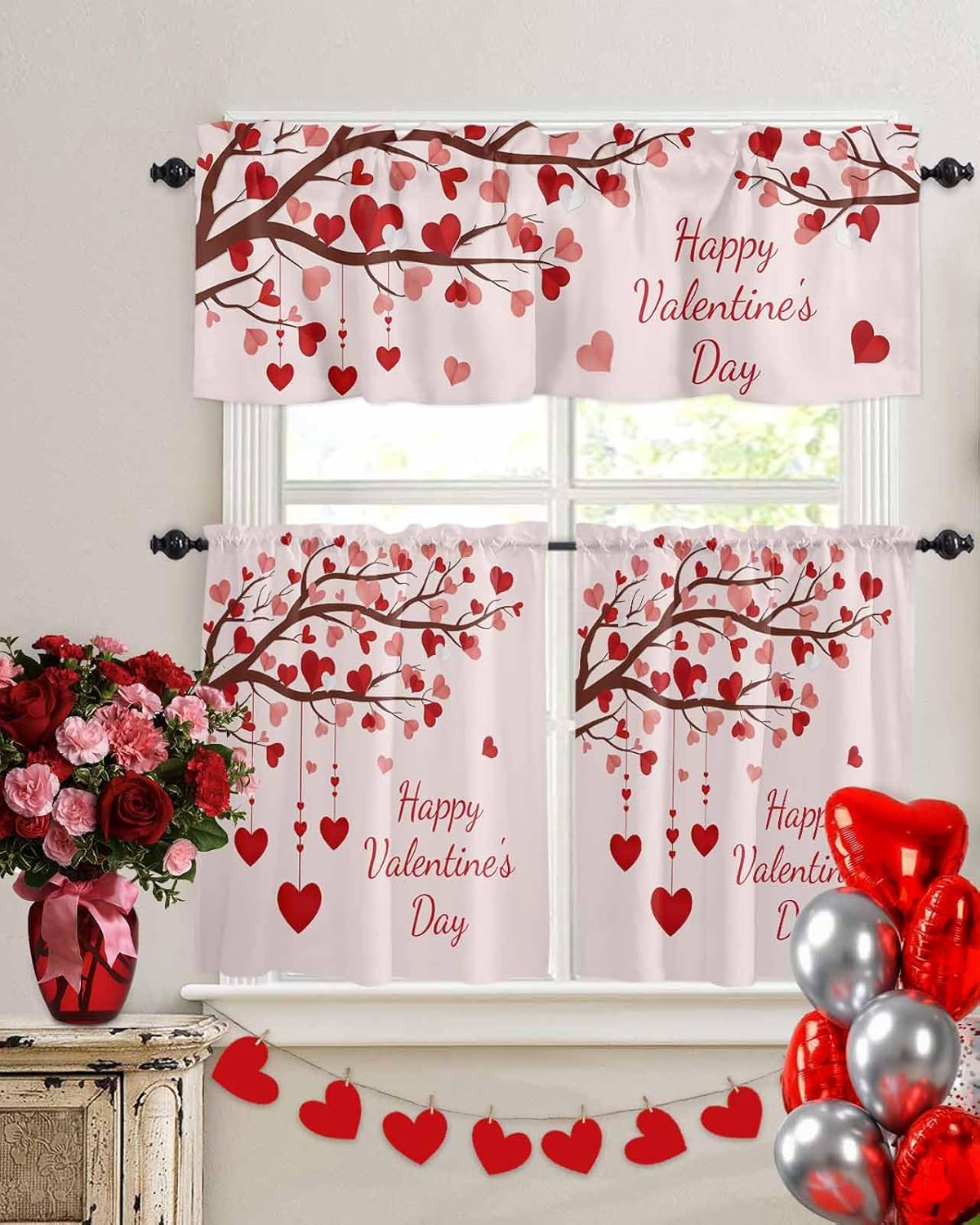 Valentines 3 Piece Kitchen Curtains Tiers and Valances Set Love Heart Tree Window Curtain Set Happy Valentiens Day Red Pink Rod Pocket Valance for Kitchen Bedroom Living Room 54 in x 24 in