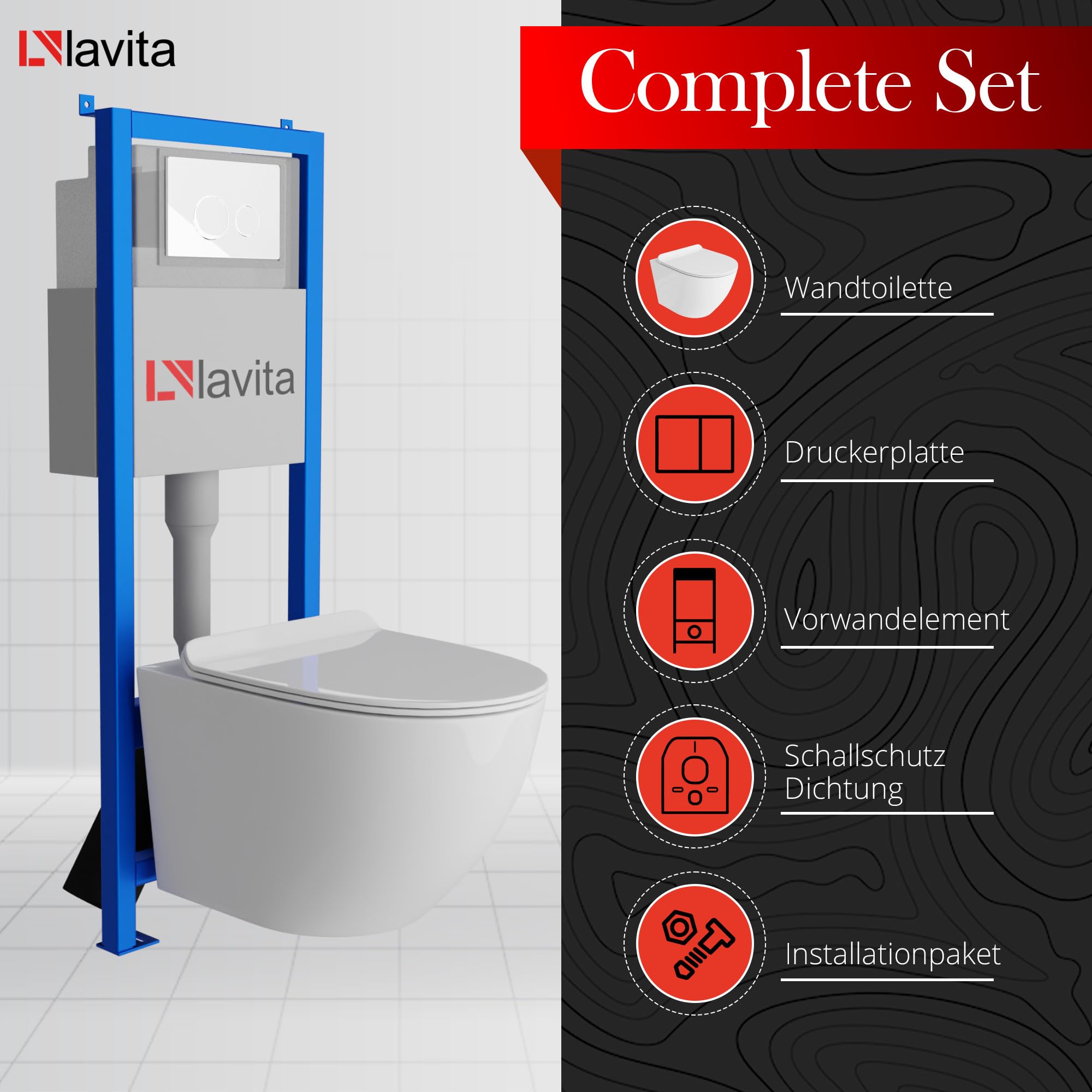 Lavita LAV 101 Vorwandelement für WC 40cm + Wand Hänge Tiefspül WC SOFI SLIM Weiß Spülrandlos + Bedienplatte LAV 200.4.1 Weiß | Komplettset | Unterputz Spülkasten | Toilette Komplett Sett