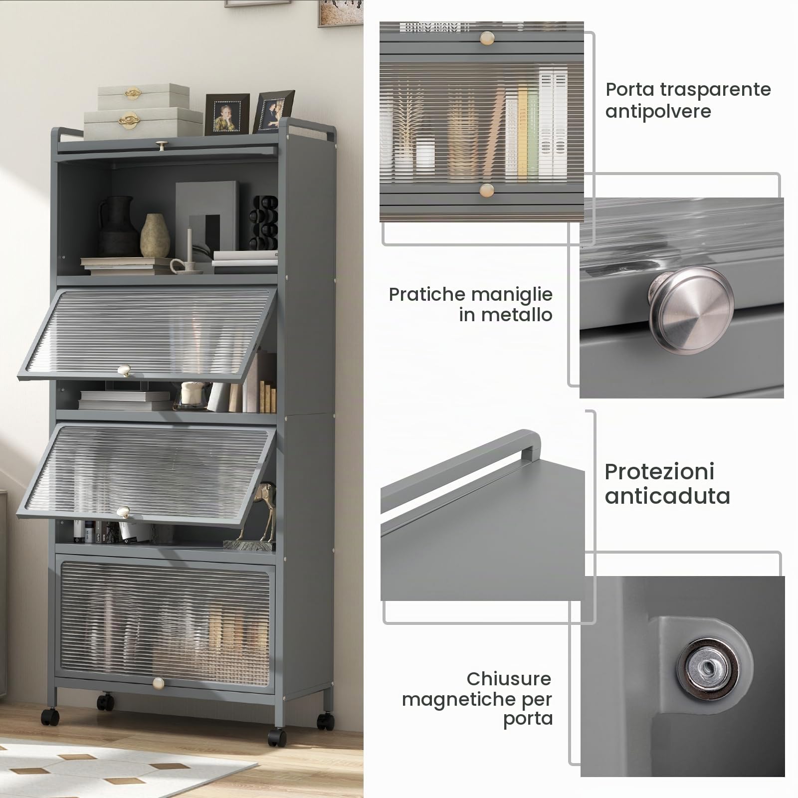 KOMFOTTEU Mobile Dispensa Cucina a 5 Livelli, Mensola Microonde con Anta a Vista, Ruote, Dispositivo Antiribaltamento, Scaffale da Cucina in Ferro per Soggiorno, Sala da Pranzo, 60x32x154cm (Grigio)