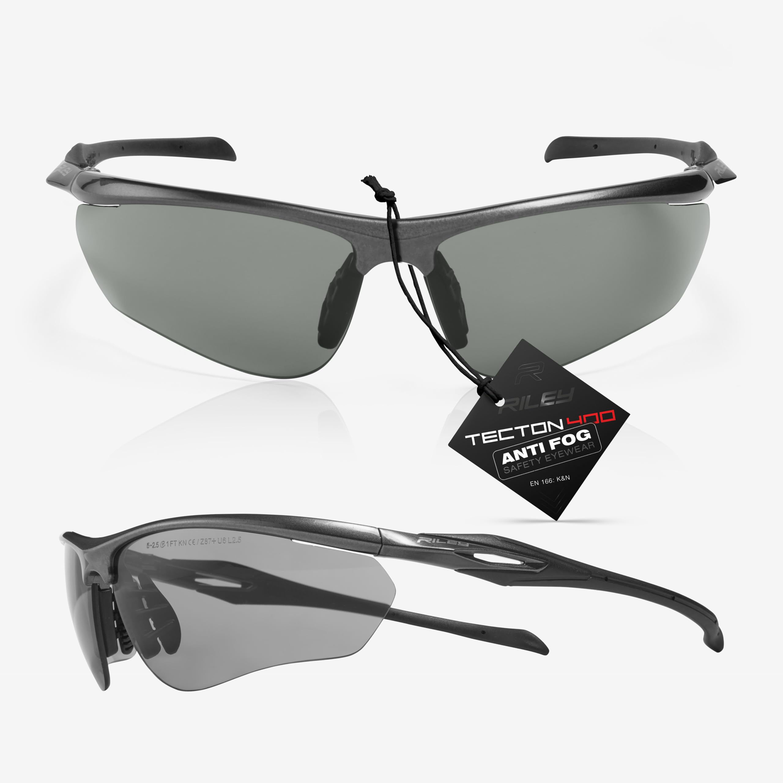 Riley Cypher Safety Glasses – EN166 Certified, Anti-Fog & Anti-Scratch Polycarbonate Lenses, UV400, Lightweight 22g Sports Style Work Eye Protection – GREY