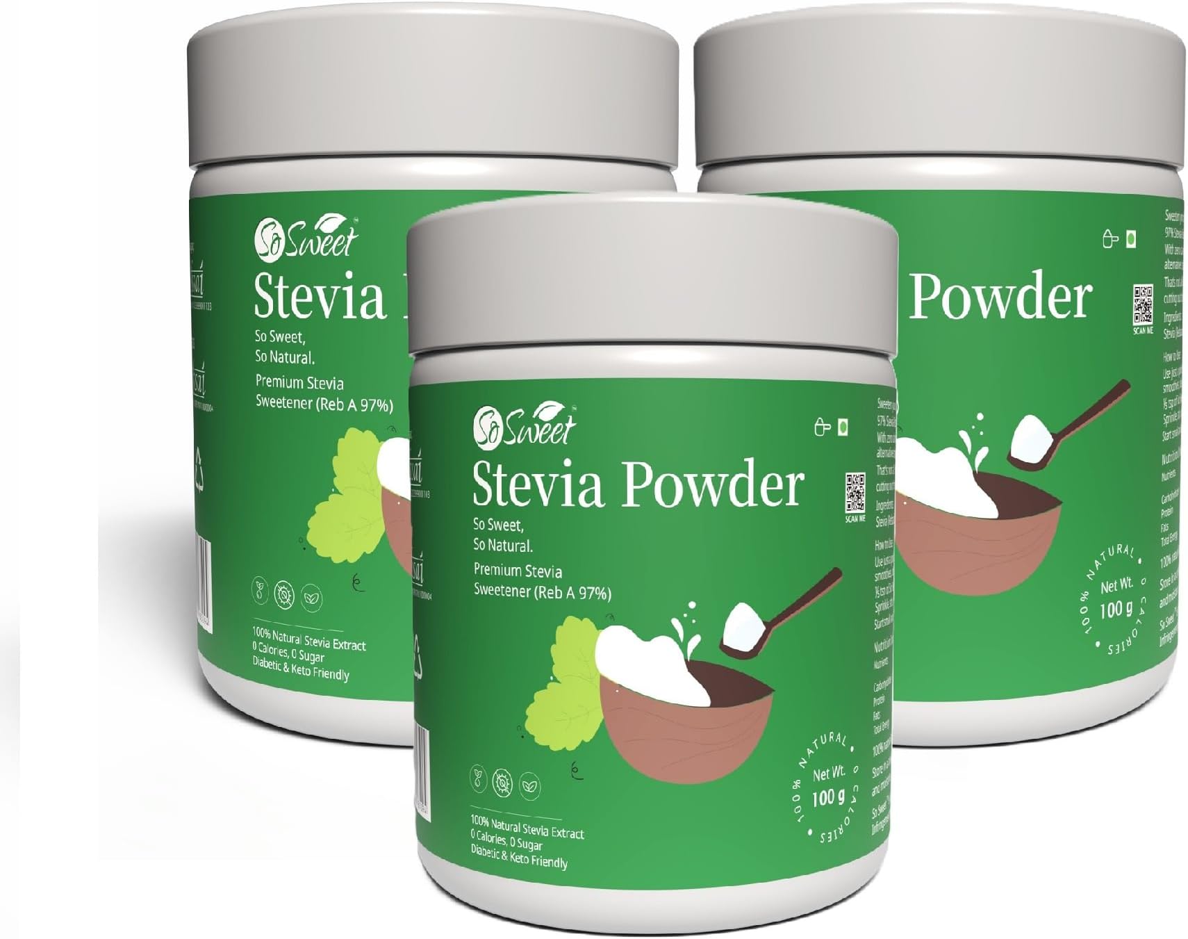 So Sweet Stevia Powder Sugar Free Natural Zero Calorie Sweetener For Diabetes Care 300gm (Pack of 3)