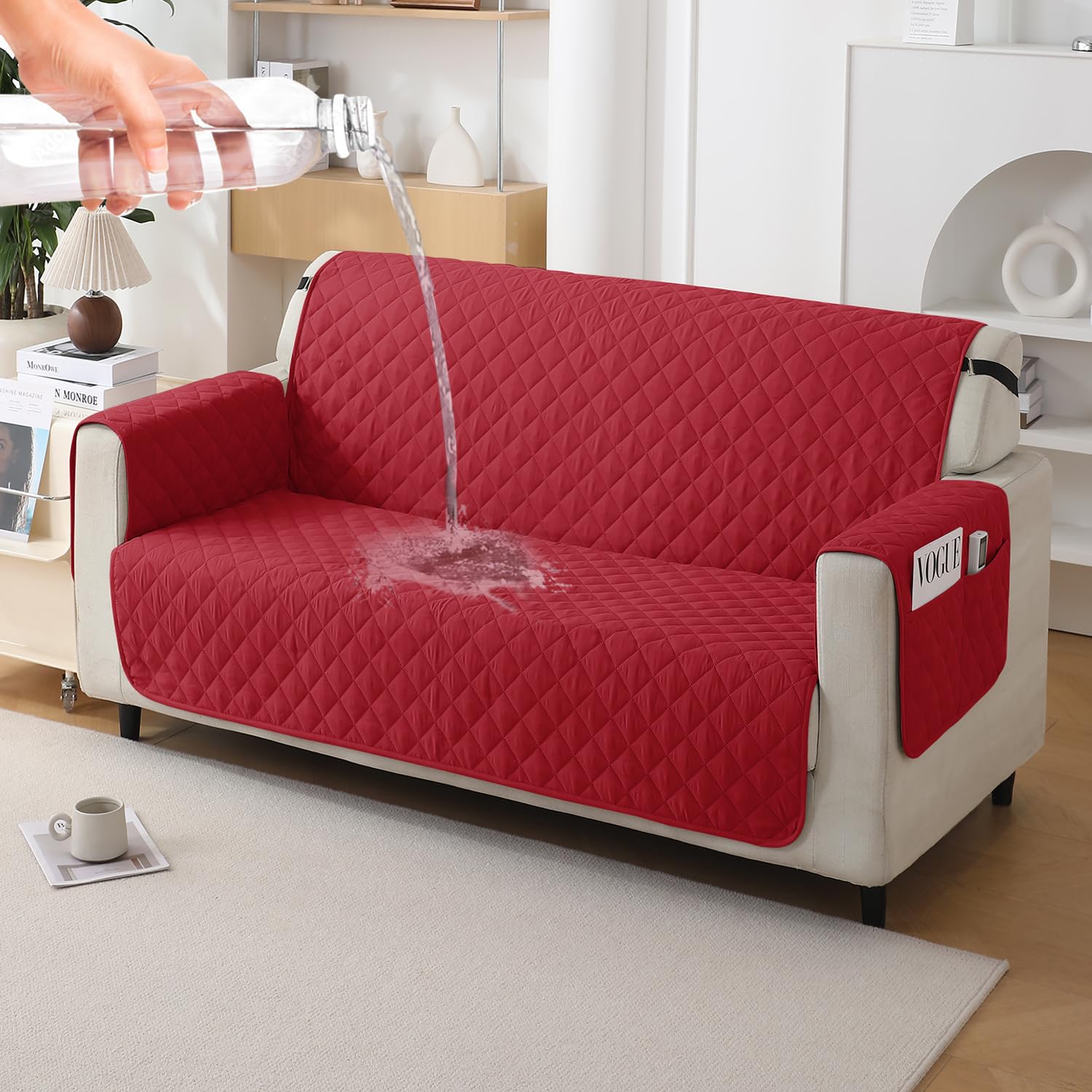 HOKIPO Polyester Quilted Sofa Mat With Bottom Waterproof Layer With Side Pockets, 175(D) X 160(L) Cm, Scarlet Red(Ar-5142-W7) (B0CXF6QGYW) Amazon Price History, Amazon Price Tracker