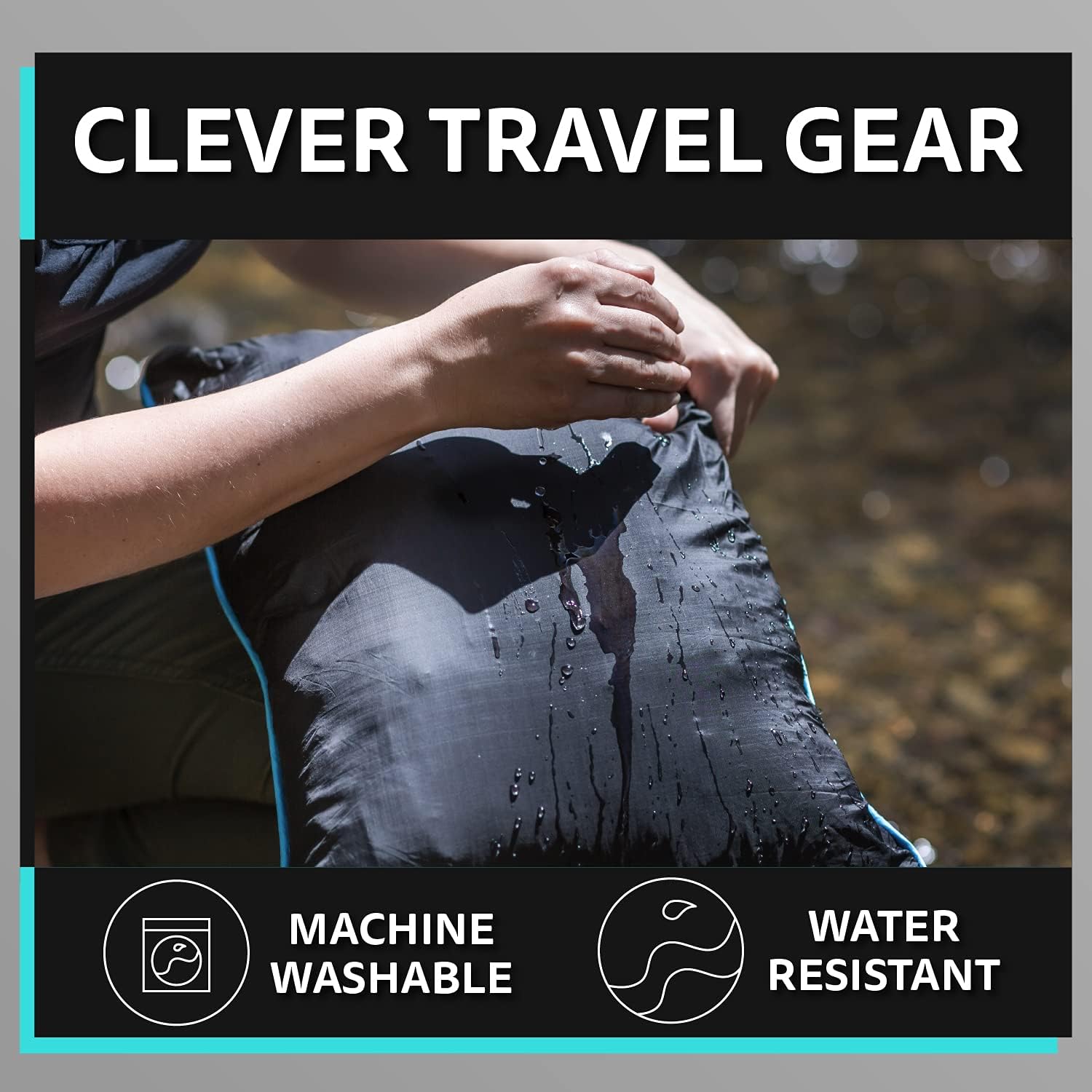 NAPRO Travel Pillow & Camping Blanket, 3 in 1 Ripstop Nylon Infinity Pillow & Square Travel Pillow Cases with 82" X 54" Synthetic Down Filled Blanket/Poncho/Pillow Fill, Adventure, Black/Turquoise