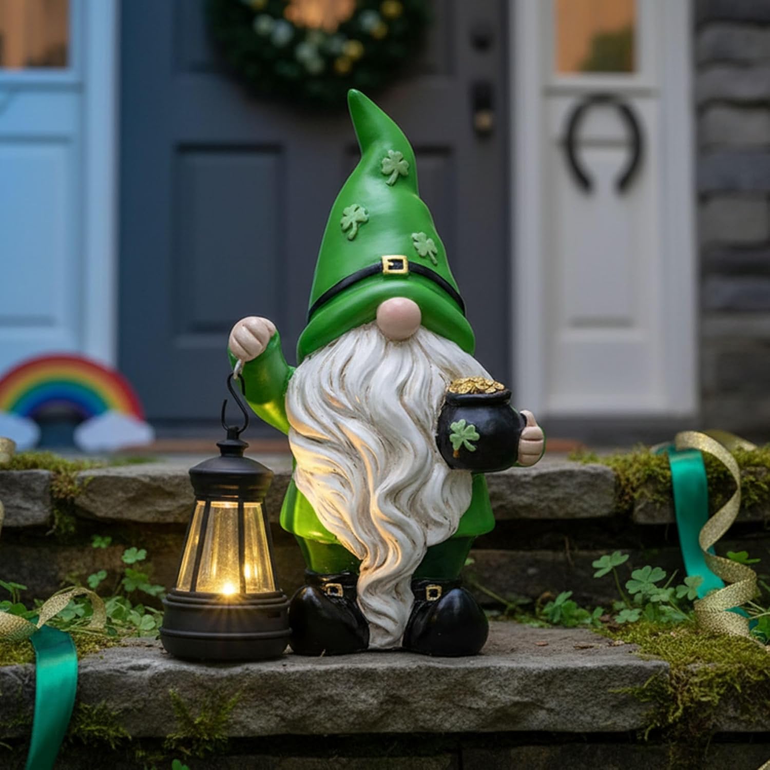 TERESA'S COLLECTIONS St Patricks Decorations for Outdoor Decor, Resin Garden Gnome Holding Lantern with Solar Lights for Porch,Shamrock Leprechaun Figurine for Outside, Irish Gifts for Home,8" - Image 4