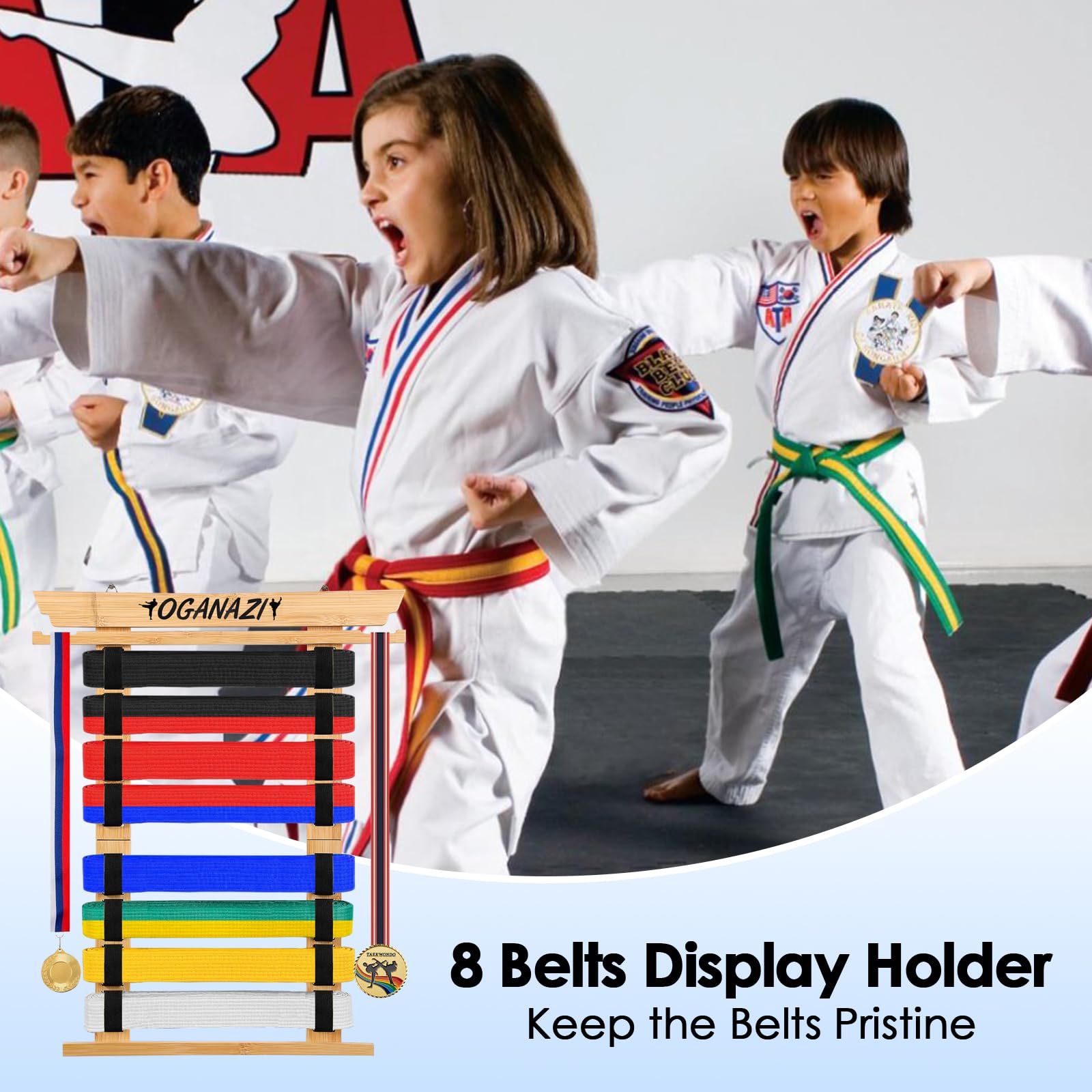SUMNACON Kampfsport Gürtelhalter für 8 Gürtel Bambus Taekwondo-Gürtelständer Wandmontage Gürtel Display für Medail Judogürtel Karategürtel Ninjitsu-Gürtel als Personalisierbare Geschenk(kein Gürtel)
