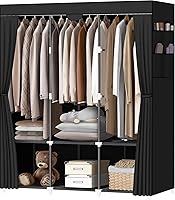 LOKEME Portable Wardrobe Closet Black - 3 Hanging Rods, 6 Shelves, 4 Pockets, Sturdy Steel Frame, Easy Assembly 52x18x67in