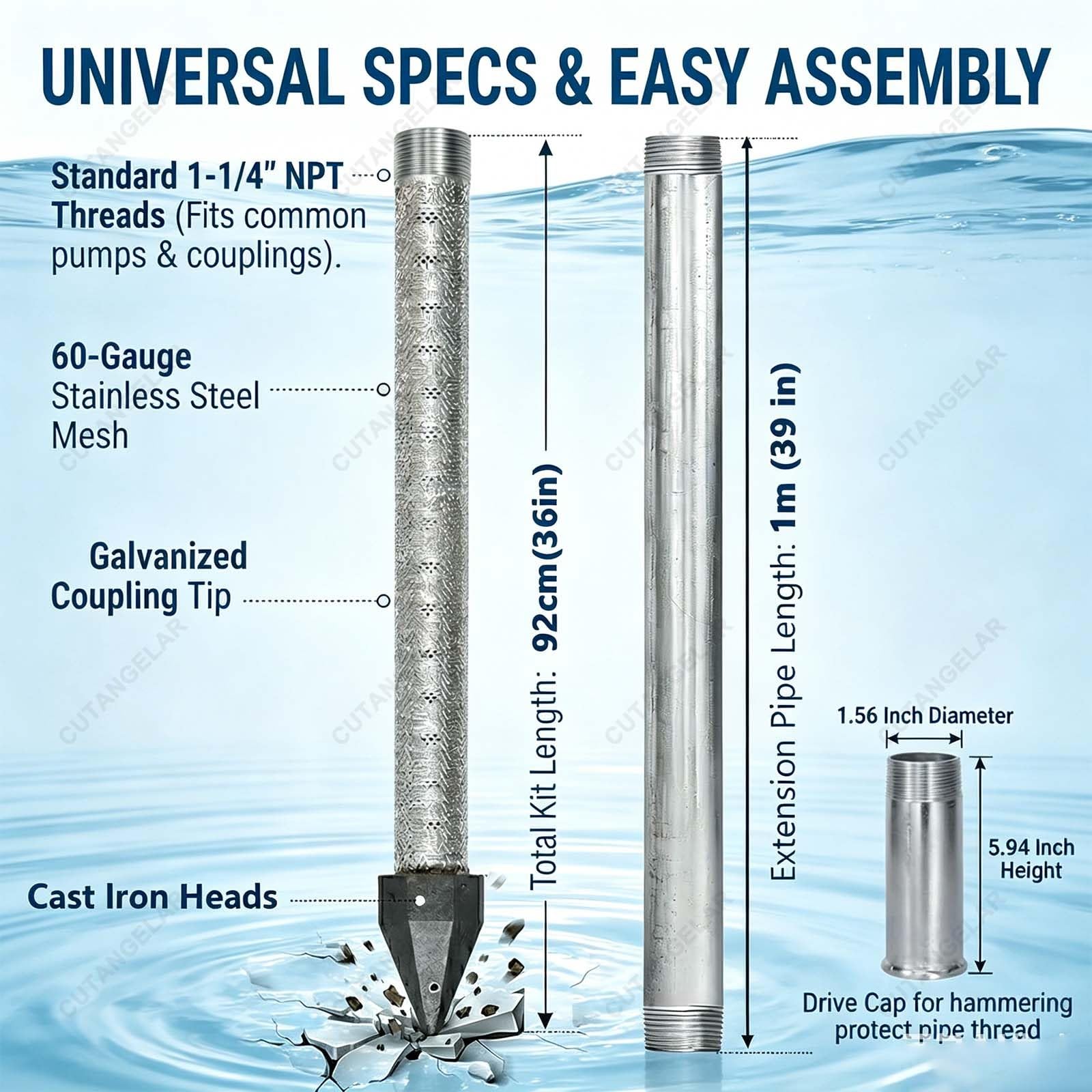 Kit De Perforación De Pozo De Agua, Kit Profesional De 1-1/4" X 36" Con Punta De Acero Inoxidable De Alta Resistencia, Incluye Tubos De Extensión Para Proyectos De Pozos(1+3 Pipes–4m (13ft))