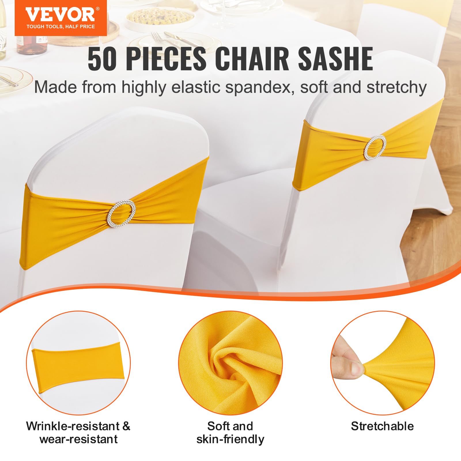 VEVOR Fajas de Spandex para Sillas con Bandas Elásticas y Hebilla, para Bodas y Fiestas (50 Piezas, Amarillo Dorado)