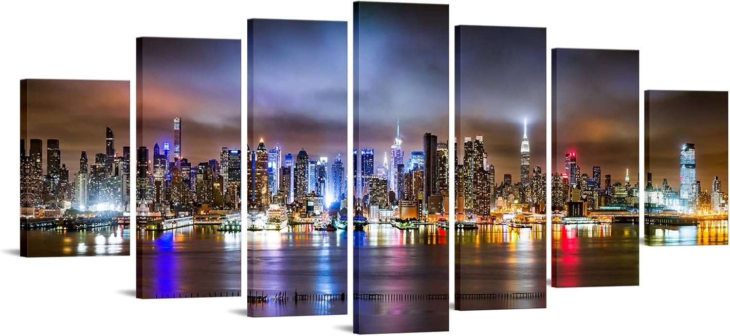 sechars Extra Large New York City Canvas Wall Art Manhattan Night View Picture Print Modern NYC Skyline Photo Artwork for Home Office Living Room Decoration W-70 xH-32