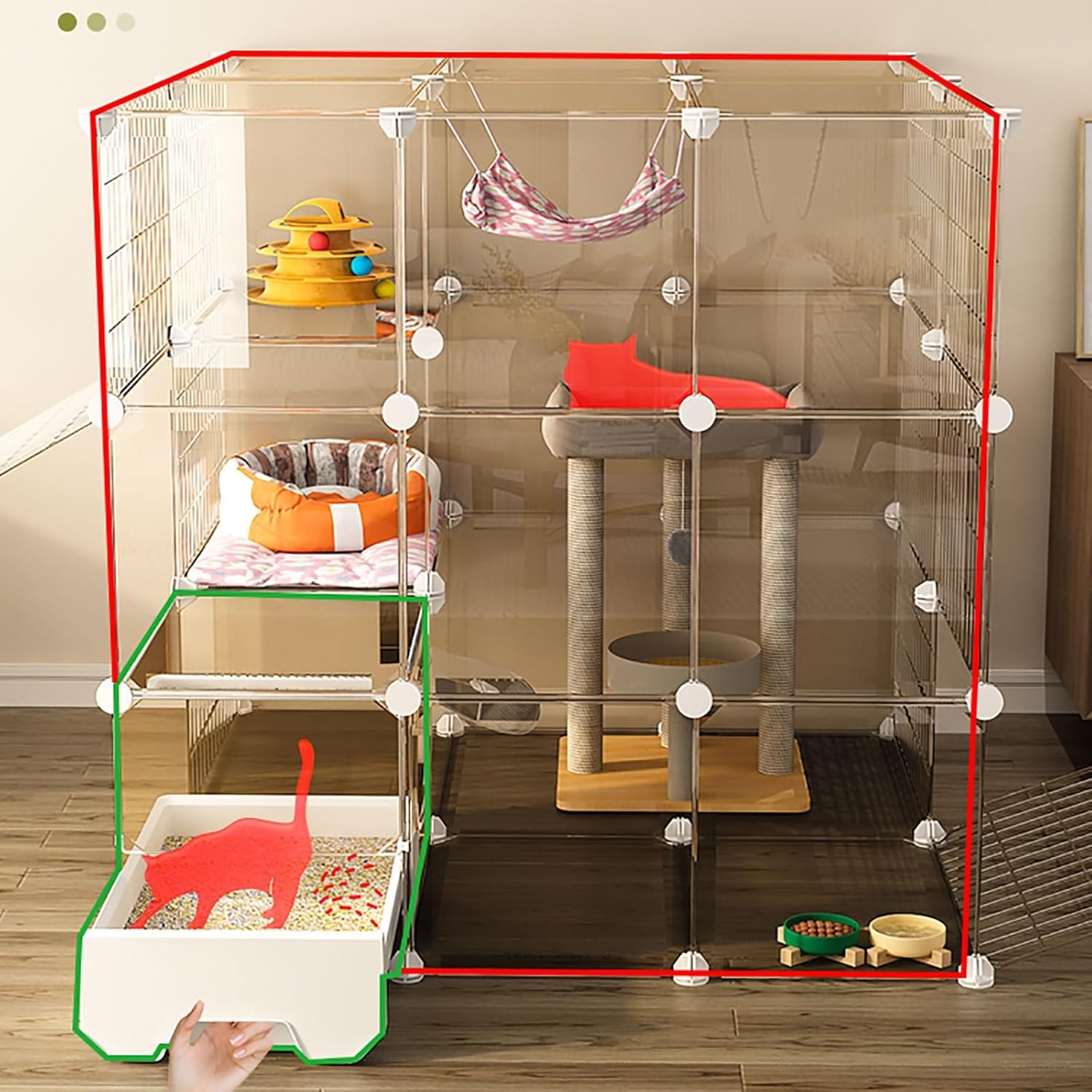 Large Cat Cages Indoor,DIY Cat Crate Playpen with Cat Litter Box,Semi-Enclosed Detachable Metal Wire Kennels Pet Enclosure,Large Exercise Place Ideal for 1-3 Cats,111x75x111cm