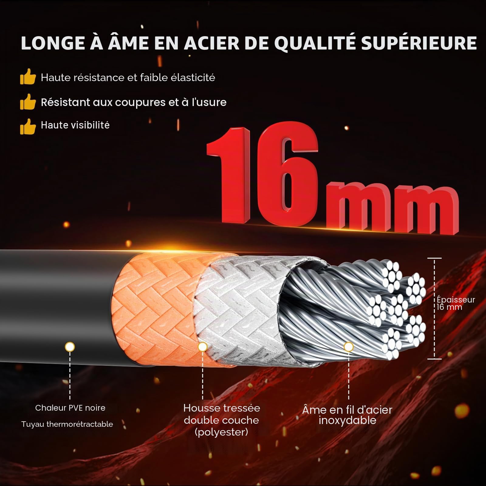 Kit de corde en acier Flip Line - Cordon en acier avec mousqueton triple verrouillage - Cordon réglable - Corde d'escalade pour arbres, arboriculteurs, protection contre les chutes