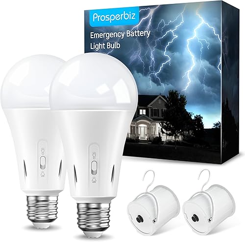 Prosperbiz Focos de respaldo de batería con cortes de energía de emergencia, bombilla recargable con linterna, bombillas LED A21 E26 5000K luz