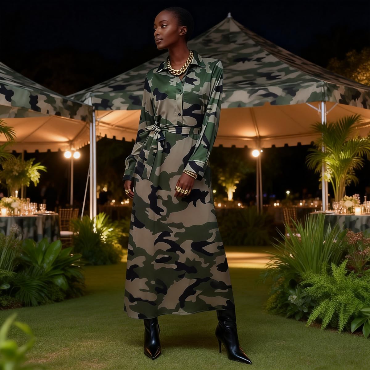 LROSEY Women's Casual Button Down Short Sleeve Maxi Dress African Floral Camo A Line Long Dresses with Belt - Image 4