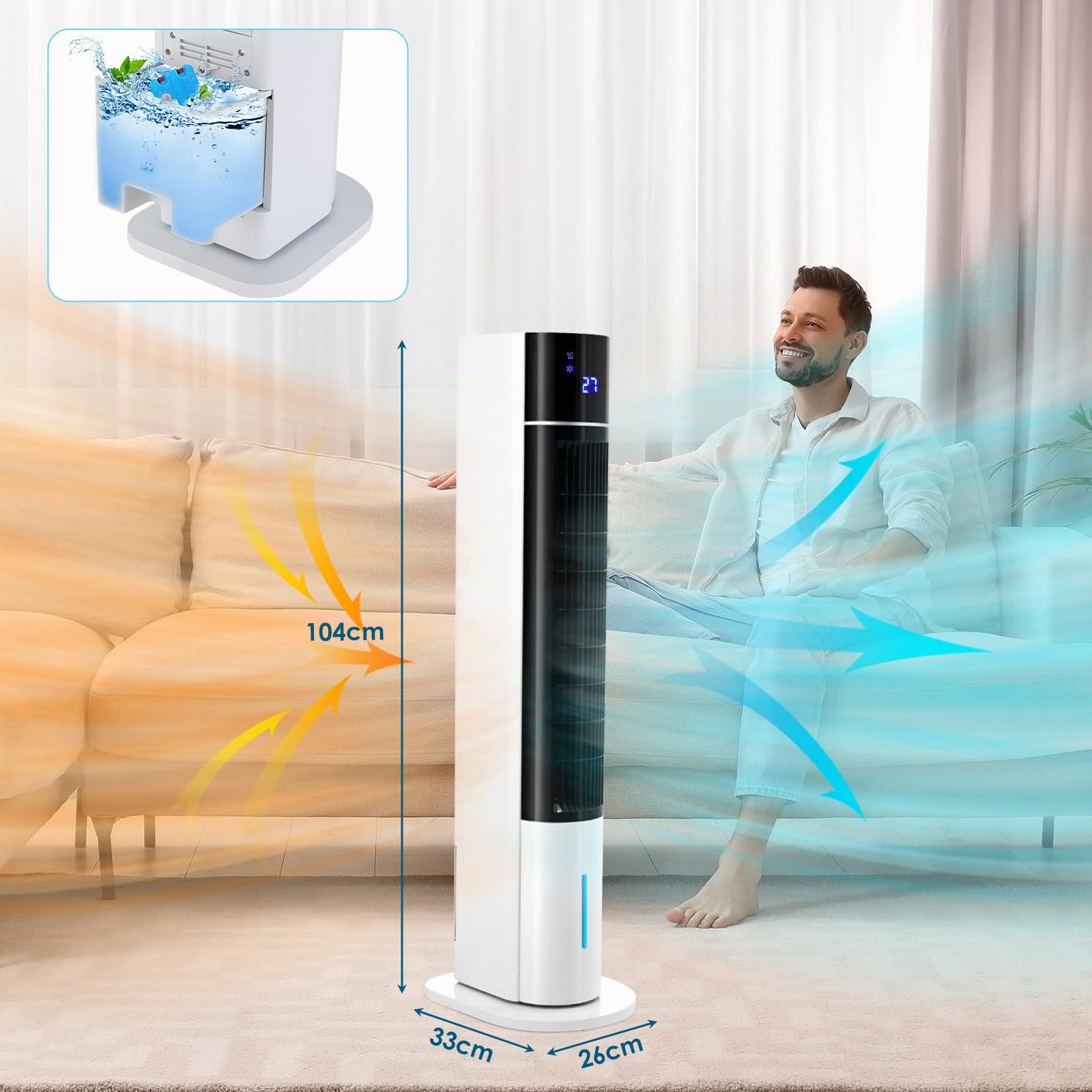 LIFERUN Ventilateur Refroidisseur Tour de 104 cm Avec Télécommande, 4 en 1 Avec Refroidissement, Humidification de Nettoyage, Minuterie 12 Heures, Silencieux pour Chambre à Coucher, Salon, Blanc