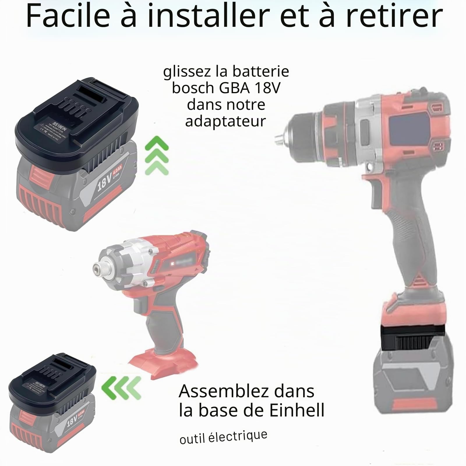 BS18EIN pour Bosch et Einhell Adaptateur de Batterie, Adaptateur de Batterie pour Bosch Professional 18V System Batterie BAT609 BAT612 pour Einhell 18V Outils Électriques (Sans Batterie)