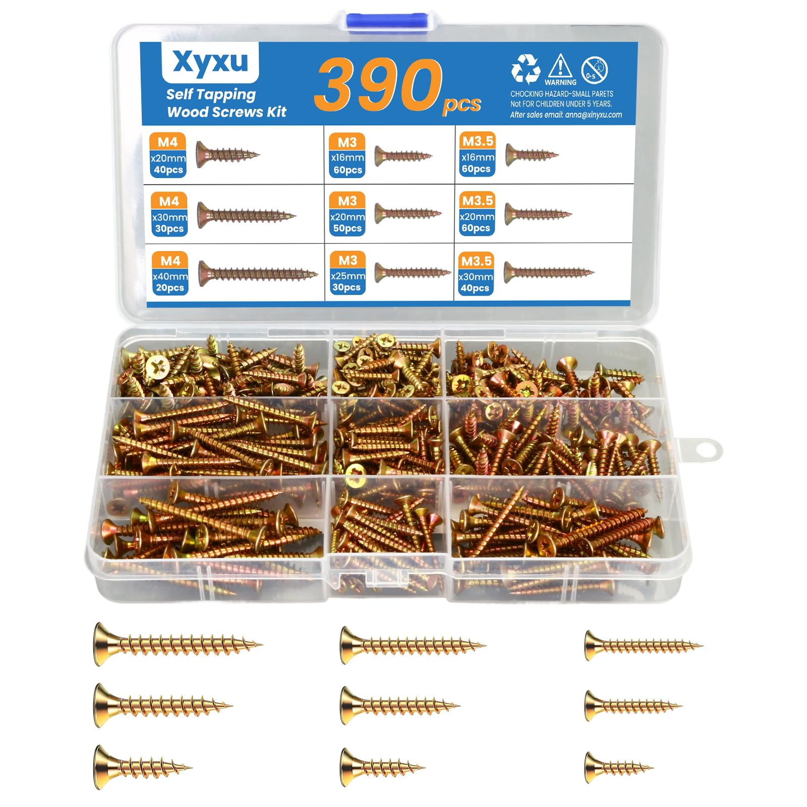 Xyxu Wood Screws Assortment Kit -390PCS M3, M3.5, M4 Self Tapping Screw Set
