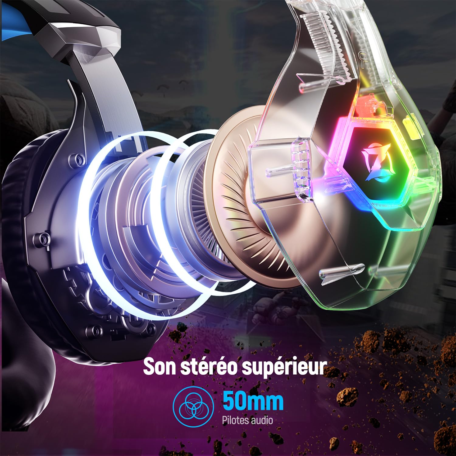 Ozeino Casque Gaming pour Ps5 PC Ps4, Casque Gamer pour Micro RGB 7 Couleurs Transducteurs 50mm Stéréo Basse Micro Anti-Bruit Réglable Compatible avec Switch Xbox Series X & S-Bleu Noir