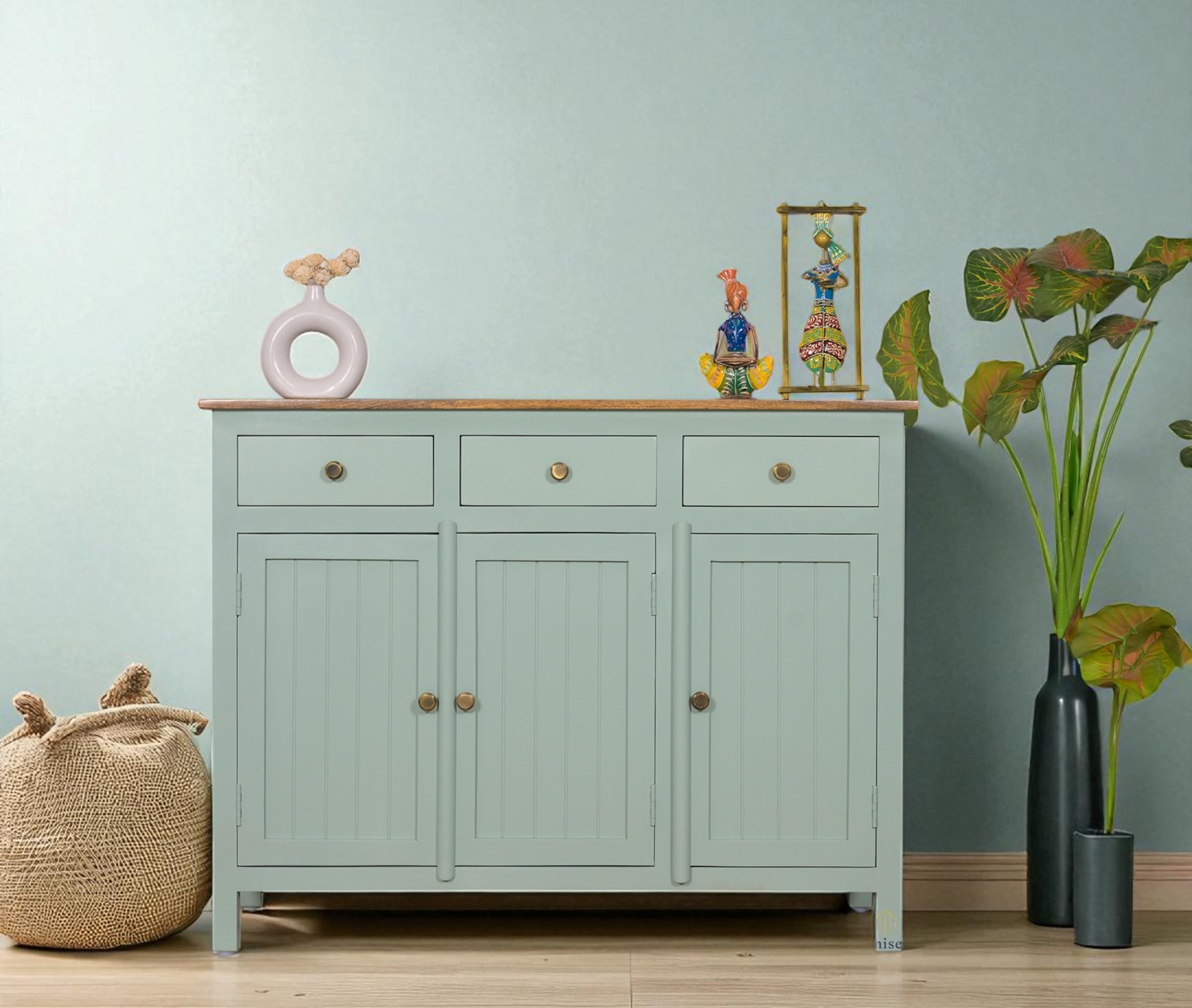 WOODEFLY Solid Mango Wood Sideboard Cabinet- 3 Doors & 3 Drawers Solid Wood Free Standing Sideboard (Finish Color - Silt Green)-image-3