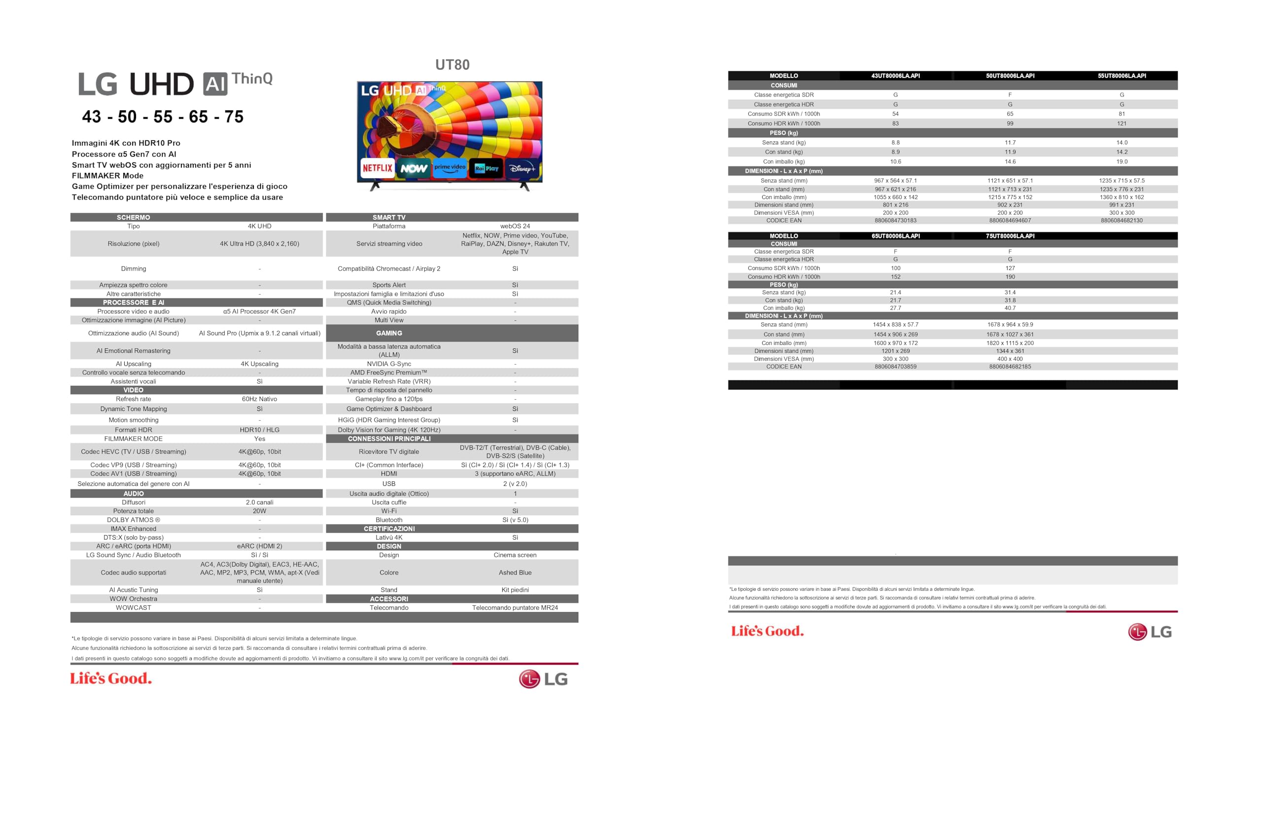 LG UHD 65'', Serie UT8000 2024, 65UT80006LA, Smart TV 4K, Ultra HD, Processore α5 Gen7, 20W, 3 HDMI, HDR10 Pro, Filmmaker Mode, Game Optimizer, Alexa, Wi-Fi, webOS 24, Telecomando Puntatore