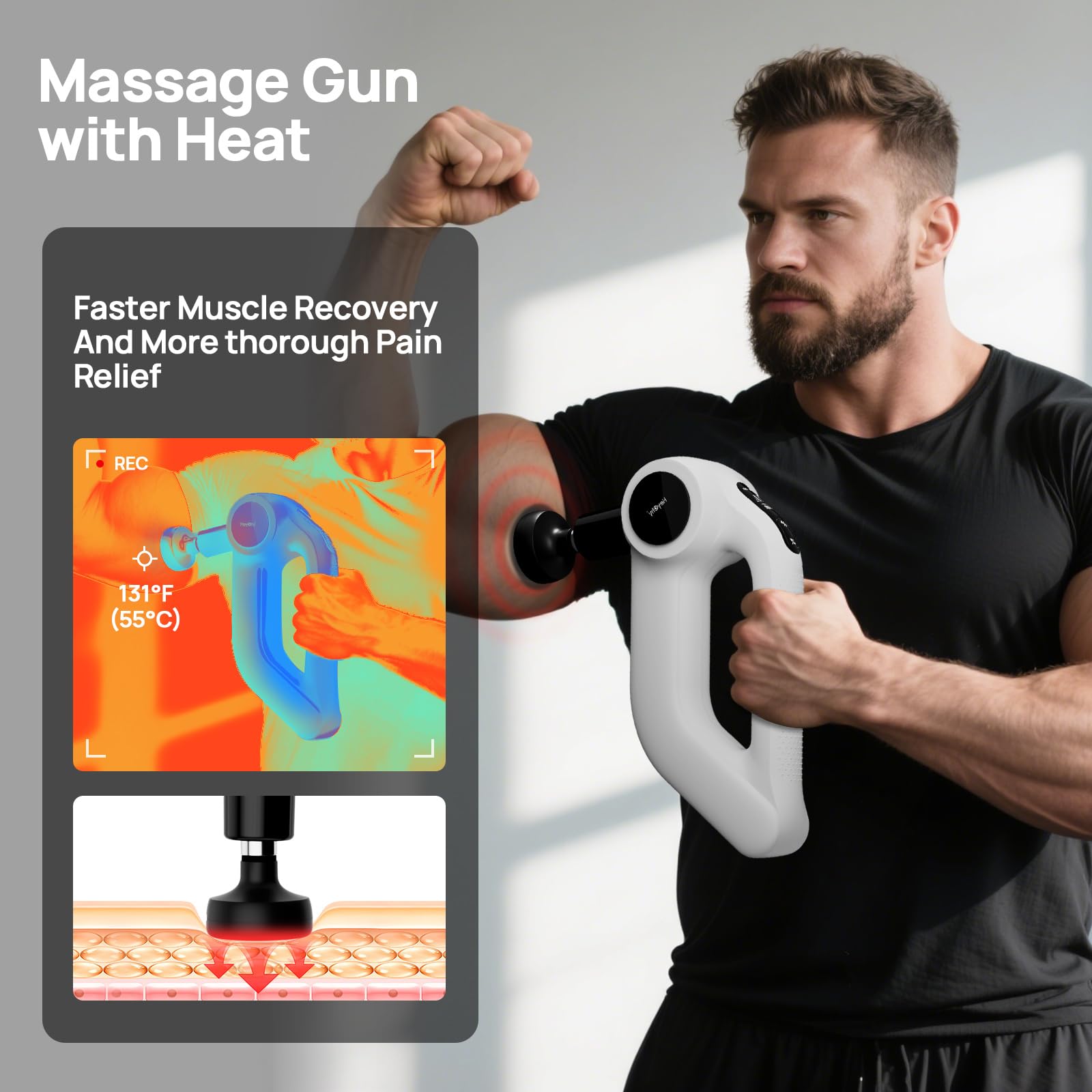 Pistola de masaje con calor, masajeador de percusión de tejido profundo para aliviar el dolor, amplitud de 12 mm, 5 velocidades y 8 accesorios, ideal para recuperación muscular, pierna de hombro