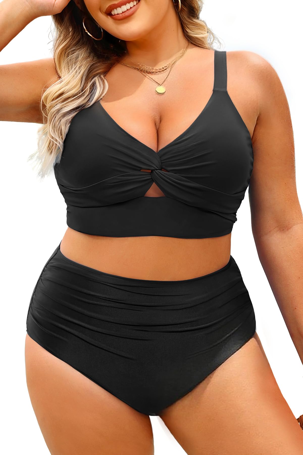 Plus Size Two Piece Swimsuits - Women High Waisted Bikini Tummy Control Bathing Suits Knot Twist Swimwear 2025
