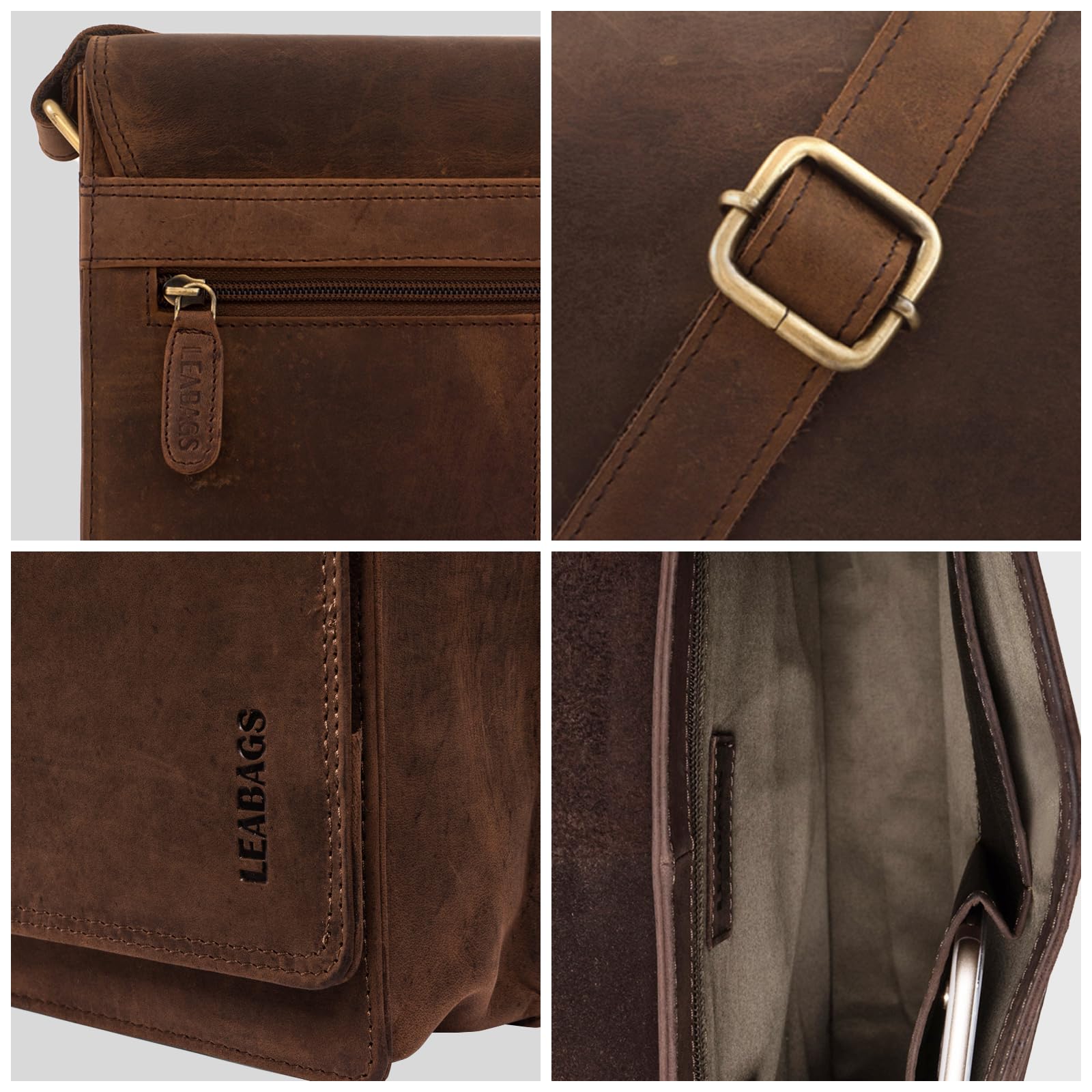 LEABAGS Borsa a tracolla in pelle da uomo e da donna, in vera pelle, per computer portatile fino a 13 pollici, con tracolla, borsa a tracolla, borsa da lavoro, borsa a mano