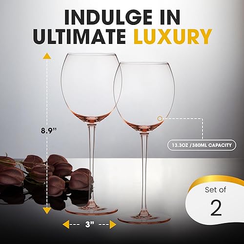 Miniatura 3 de Juego de 2 copas de vino tinto de colores, elegantes copas de vino de tallo largo, 13.3 onzas (rosa rosa)