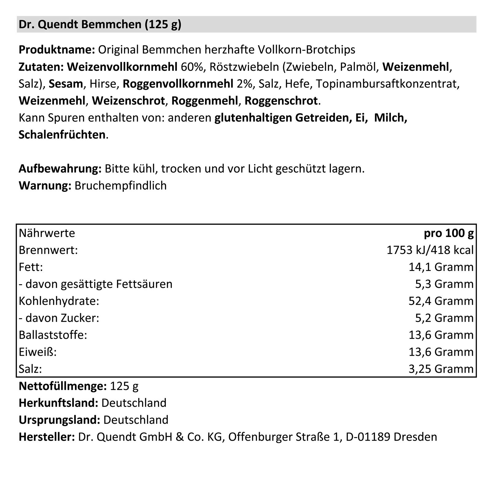15er Pack Dr. Quendt Bemmchen (15 x 125 g) Vollkorn-Brotchips Knusper-Bemmchen Röstbrot