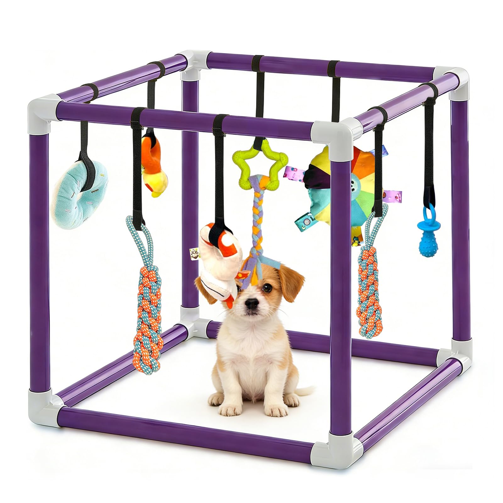 Estudio de juegos para cachorros con 8 juguetes colgantes, marco de PVC morado, centro de actividades para perros pequeños, estudio de juegos para cachorros para perros pequeños, paraíso con