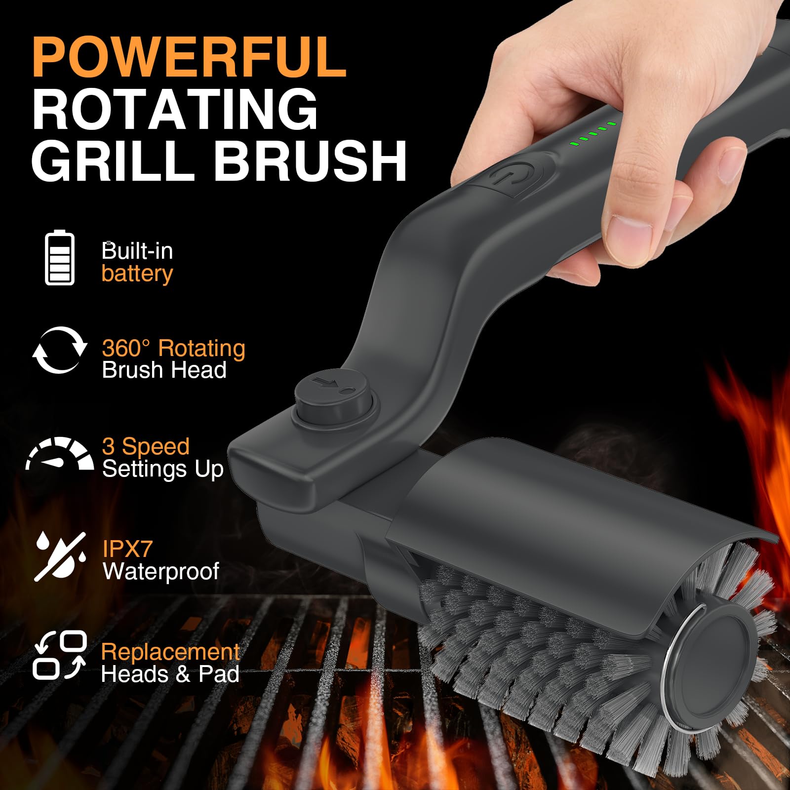 Spazzola elettrica per barbecue, pulitore senza fili per BBQ con testa orientabile a 180°, pulizia a 3 livelli, spazzola per griglia 2-IN-1 con batteria, IPX7 impermeabile, testina in acciaio
