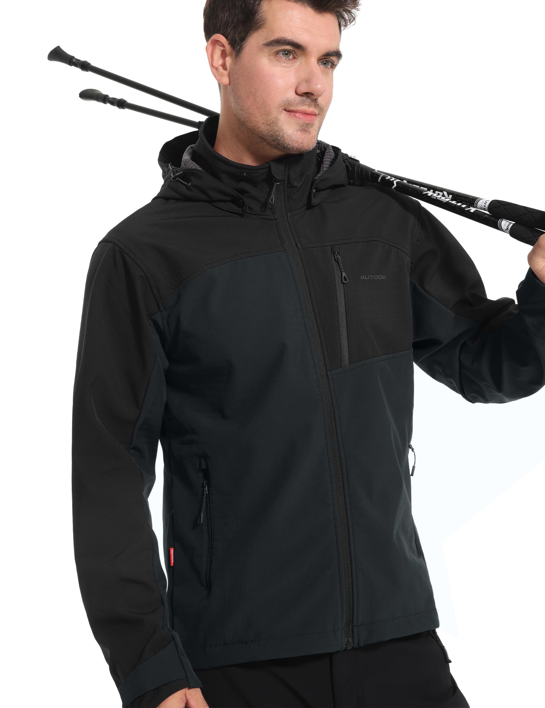 KUTOOK Giacca Softshell Uomo Invernale Giacche Trekking Uomo in Pile Giacca Tattica Militare con Cappuccio Staccabile Idrorepellente Antivento per Montagna Trekking Escursionismo