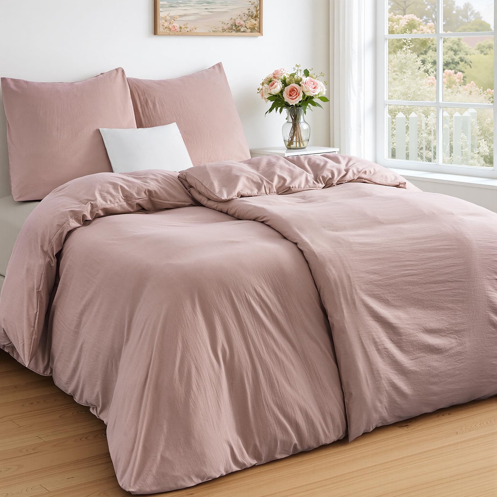 Duvetnova Double Duvet Cover, 135 x 200 cm, Powder Pink, Super Soft Pre-Washed Microfibre, Cotton Effect, Oeko-Tex Certified, 2 Duvet Cover 135 x 200 cm + 2 Pillowcases 80 x 80 cm โ image 1