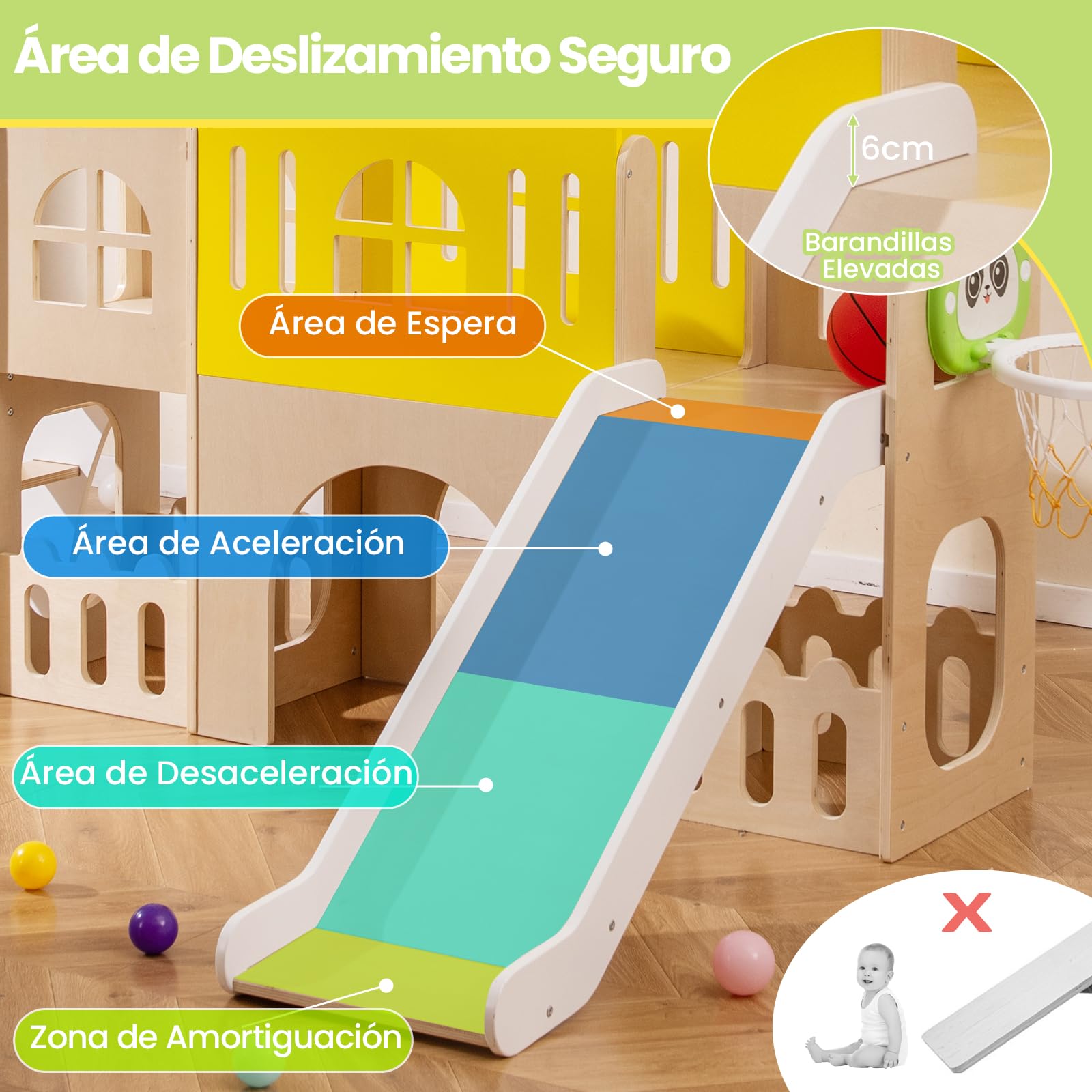 COSTWAY 7 en 1 Tobogán Infantil Interior de Madera con Escalera, Canasta de Baloncesto, Pasillo Largo, Túnel y Espacio de Almacenamiento, Centro de Actividades con Forma de Castillo de Madera