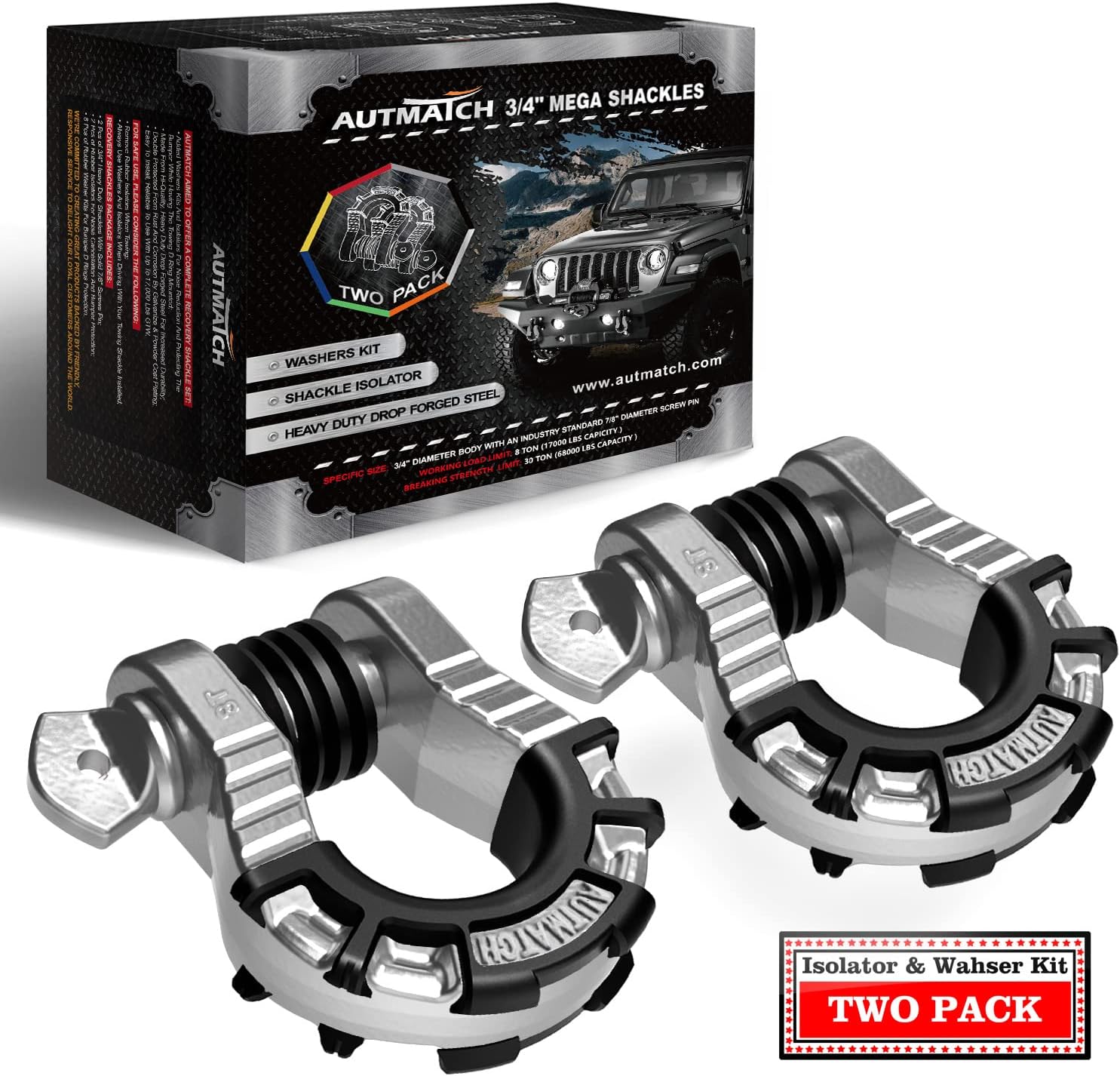 AUTMATCH D Ring Shackles 3/4" Mega Shackle (2 Pack) 68,000Ibs Break Strength with 7/8" Screw Pin and Shackle Isolator & Washers Kit for Tow Strap Winch Off Road Vehicle Recovery, Silver