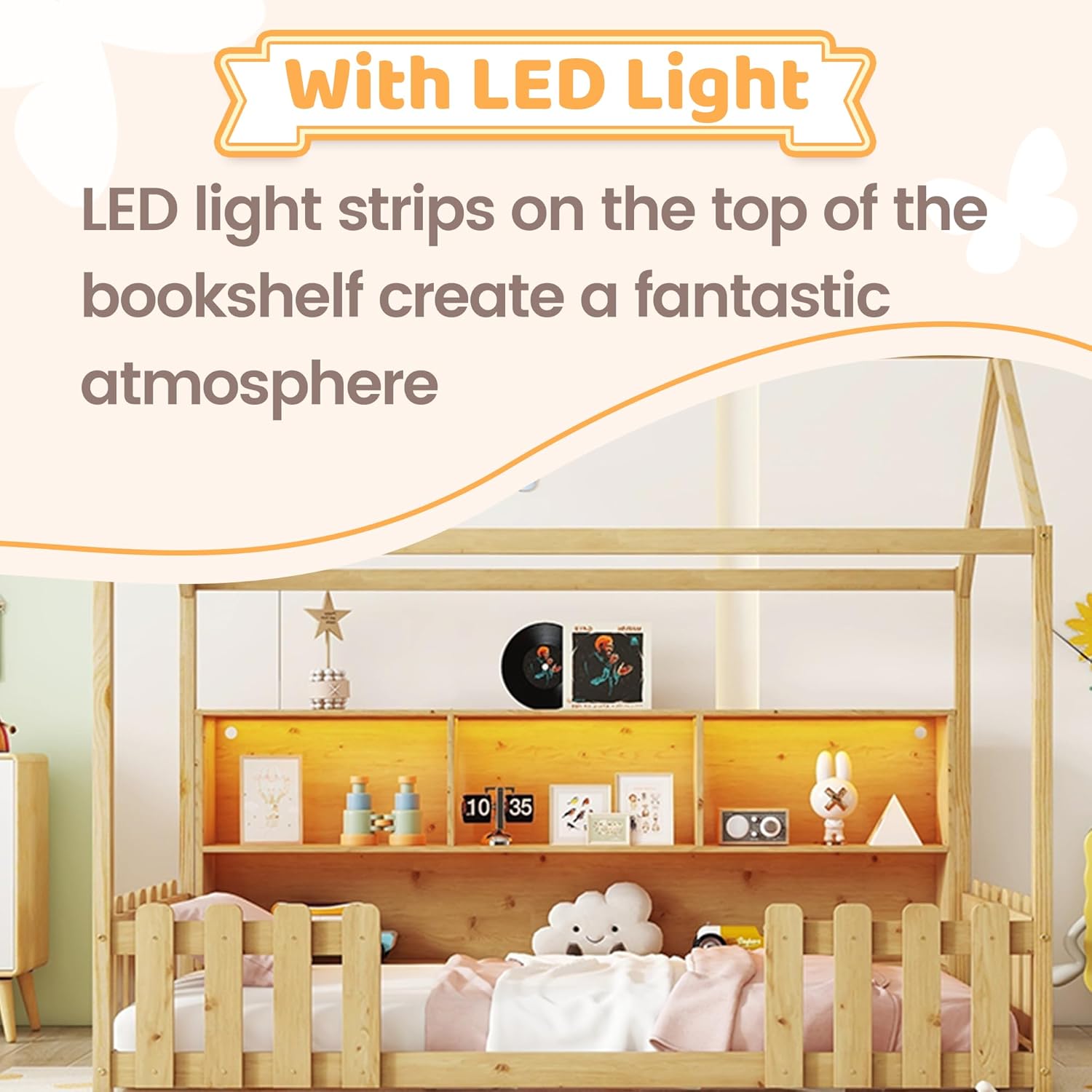 Mirightone Twin Floor Beds, Montessori Floor Bed with Storage Shelves & Fence, Wood Playhouse Bed Frame with LED Lights Strips for Teens, Girls, Boys, White