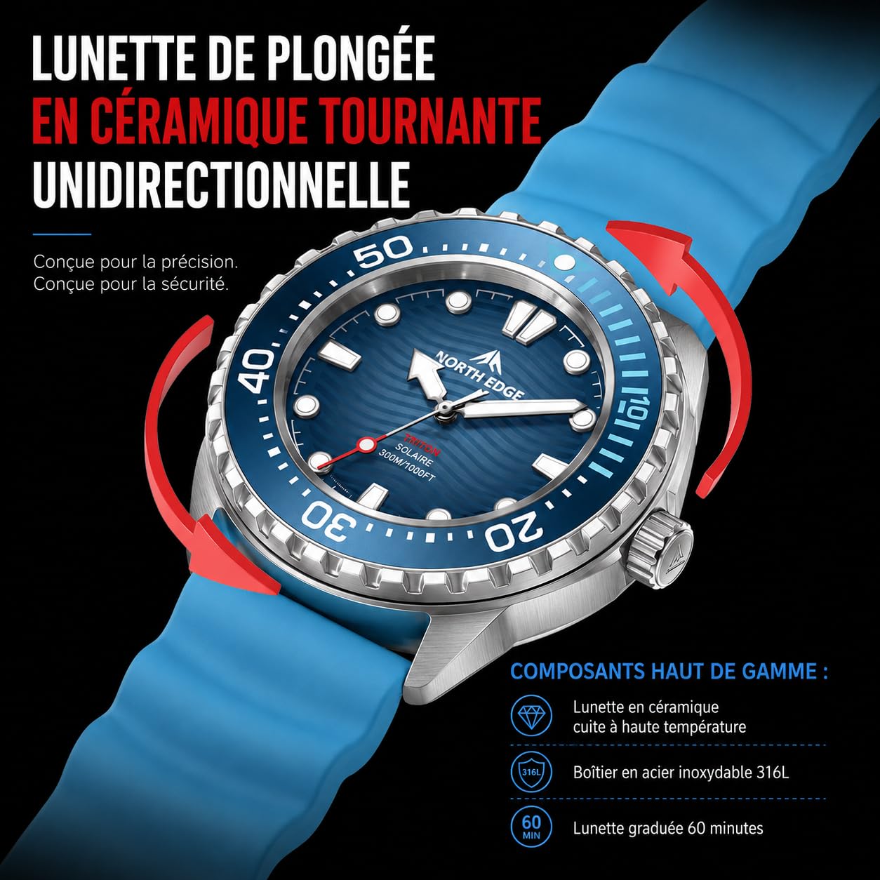 NORTH EDGE Montre de plongée à énergie solaire pour homme et femme - Étanche jusqu'à 300 m - Cadran lumineux - Bracelet en silicone