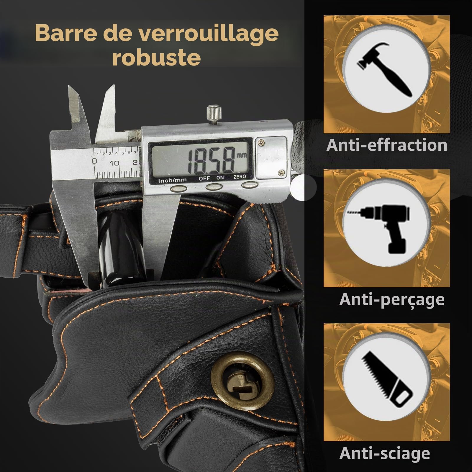 Antivol Volant Double Sécurité, Acier Allié, Réglable avec 2 Clés | Acier allié|Cuir anti-rayures|Réglable universel|Serrure anticrochetage|Brise-vitre