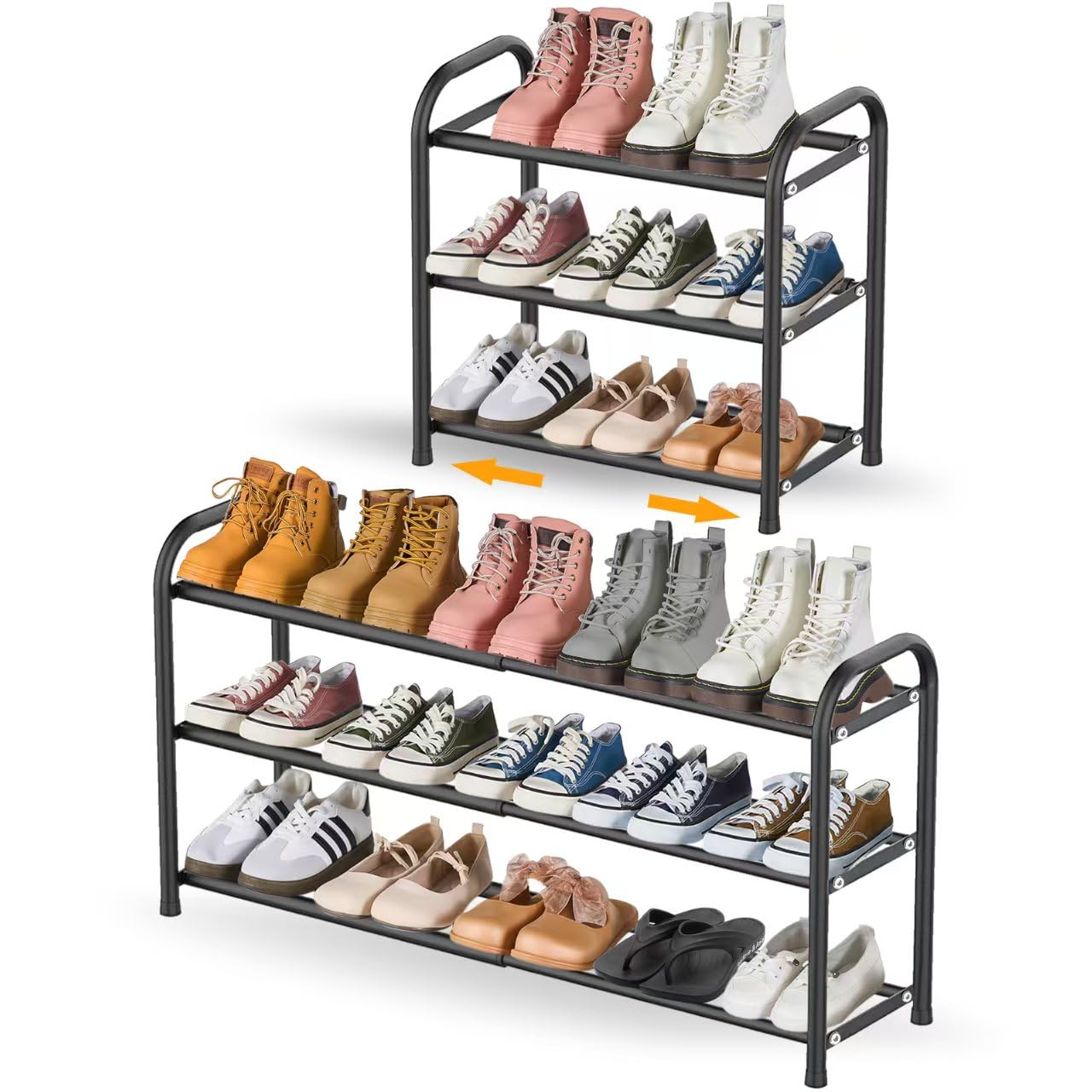 ZOVRIXIA Shoe Rack 3 Tiers, Space-Saving Metal Shoe Storage Adjustable for Narrow Space with a Range of 43–78 cm, Fits 6 to 20 Pairs, Extendable Shoe Rack for Entryway Closet Garage & Corridor, Black