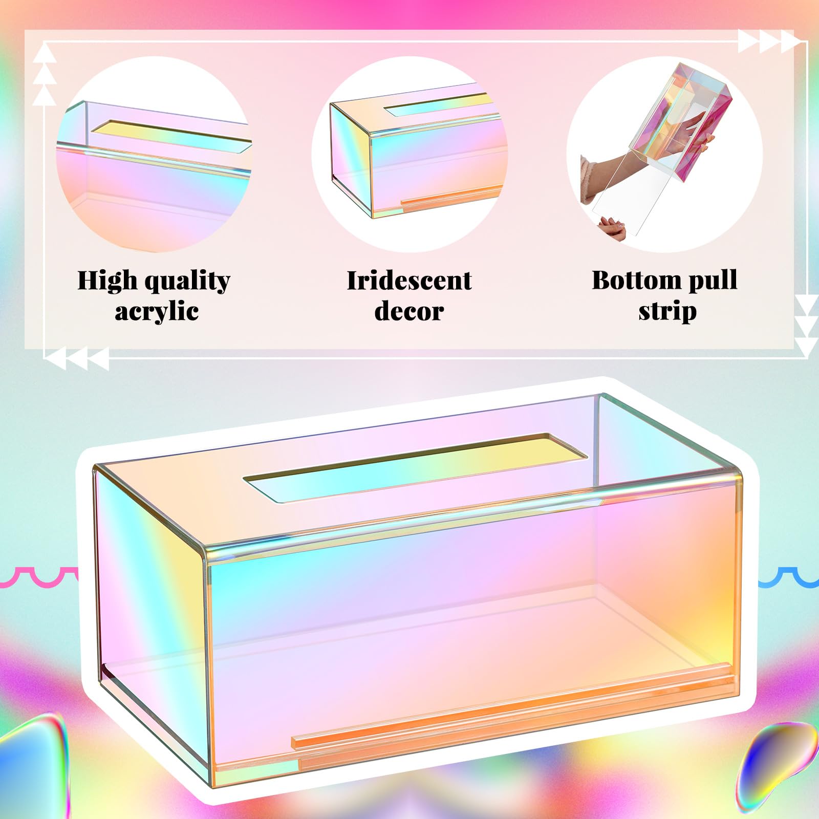 Layhit 2 piezas de acrílico iridiscente caja de pañuelos rectangular deslumbrante dispensador de caja de pañuelos transparente linda cubierta de caja de pañuelos iridiscente accesorios de baño para