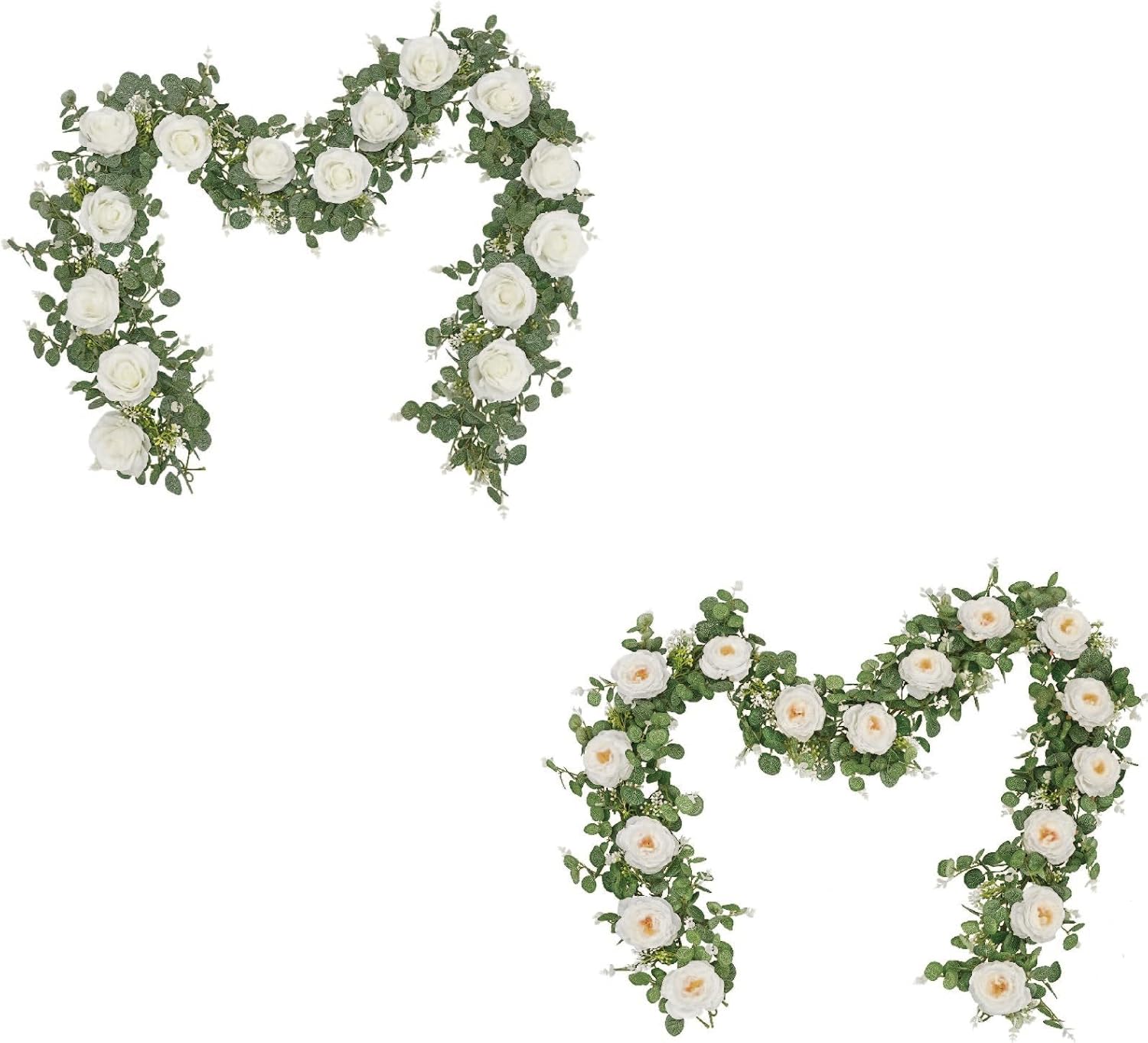 Dolicer Buy Together 2 Pcs Artificial Eucalyptus Garlands with White Camellias & 2 Pcs Artificial Eucalyptus Garlands with White Roses