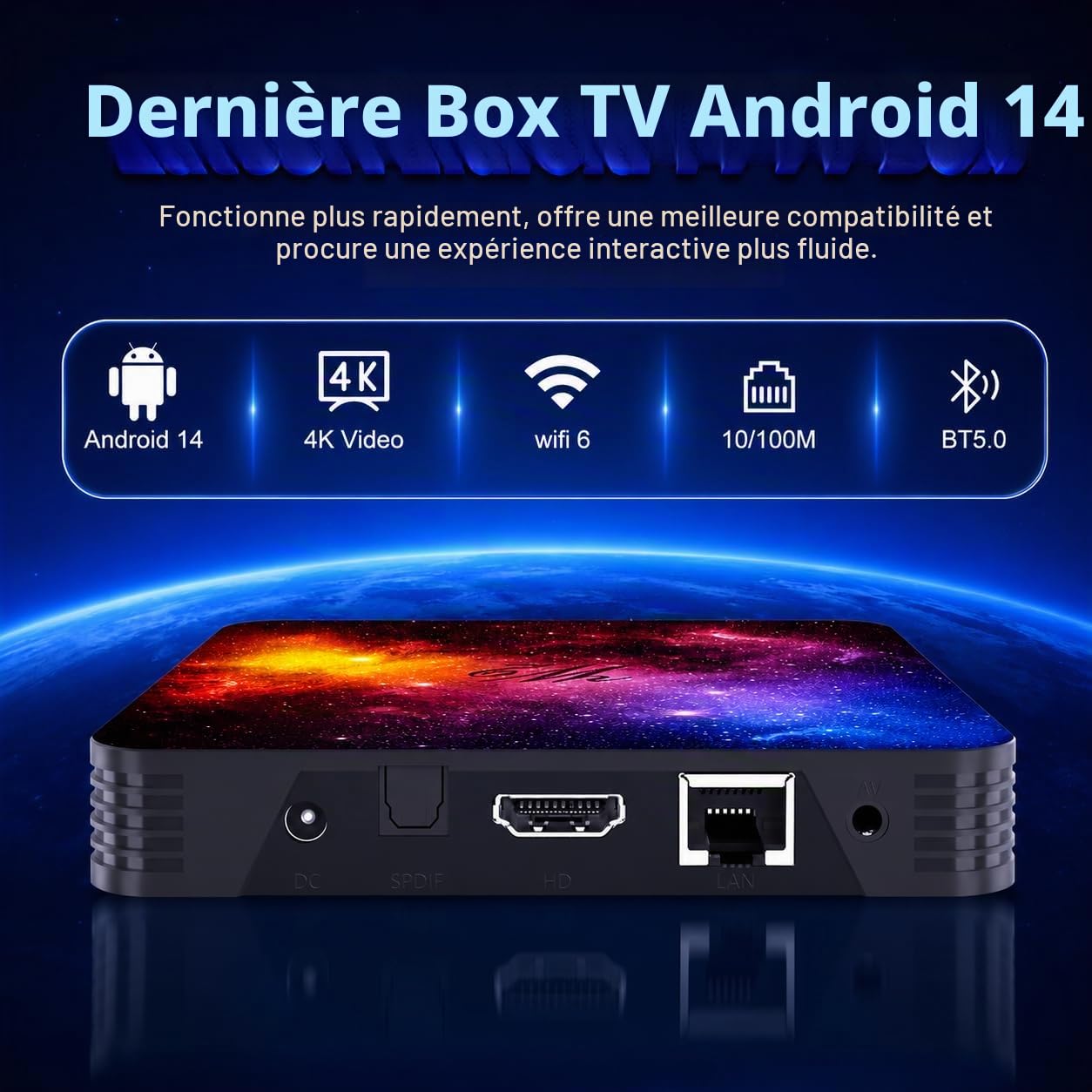 Boîtier TV Android 14 TV Box, 4 Go RAM 64 Go ROM, Décodage 8K H.265, | Quad-Core, HDMI 4K@60Hz,WiFi 6 Double Bande, Bluetooth 5.0, USB 2.0, Mise en Miroir sans Fil