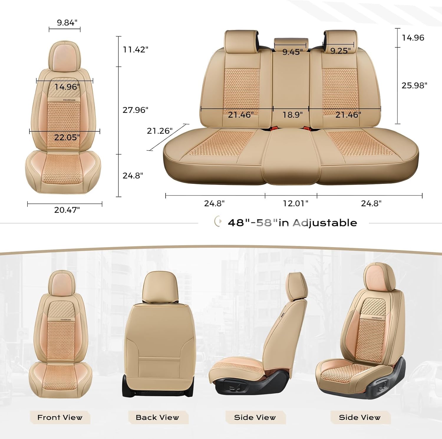 Coverado Car Seat Covers Full Set, Nappa Leather Beige Seat Covers for Cars, Waterproof Car Seat Protector, Front and Back Seats Universal Fit for Most Vehicles