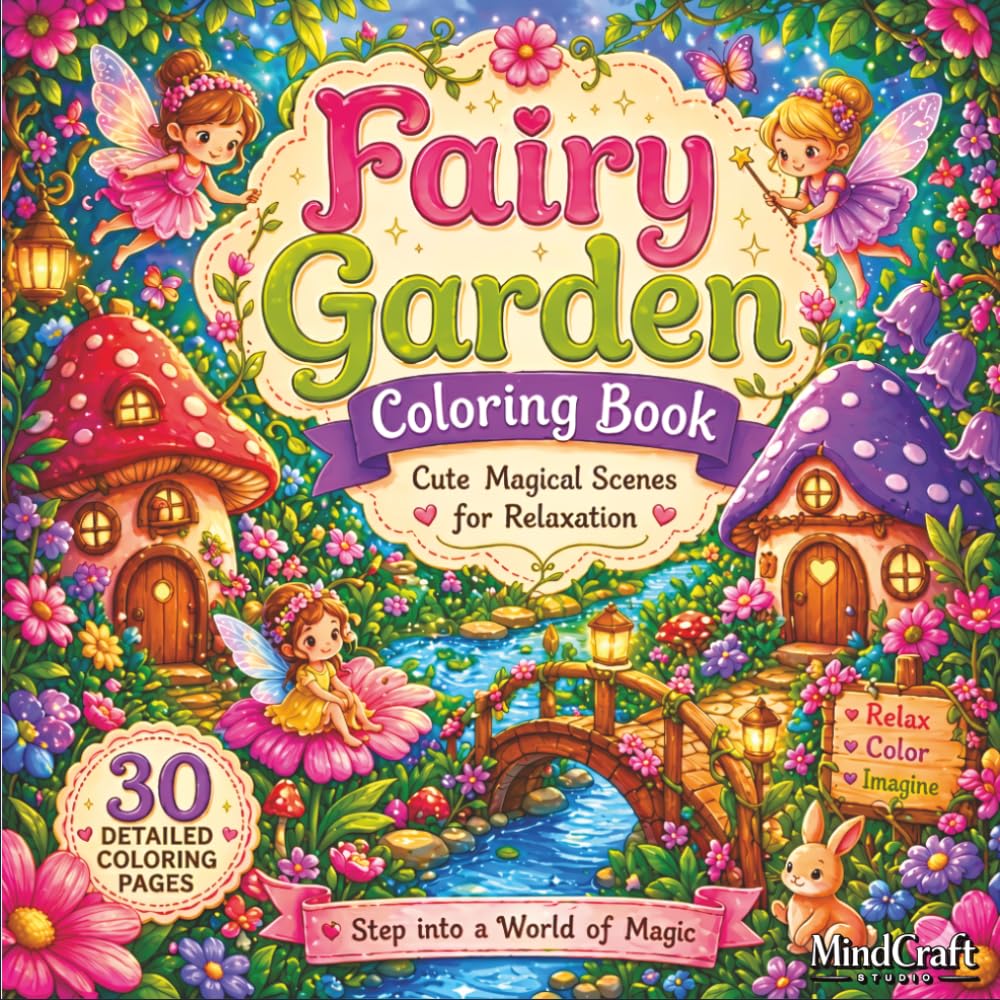 Fairy Garden Coloring Book: Cute Magical Scenes featuring Enchanted Mushroom Houses, Tiny Fairies, and Whimsical Forest Friends for Relaxation
