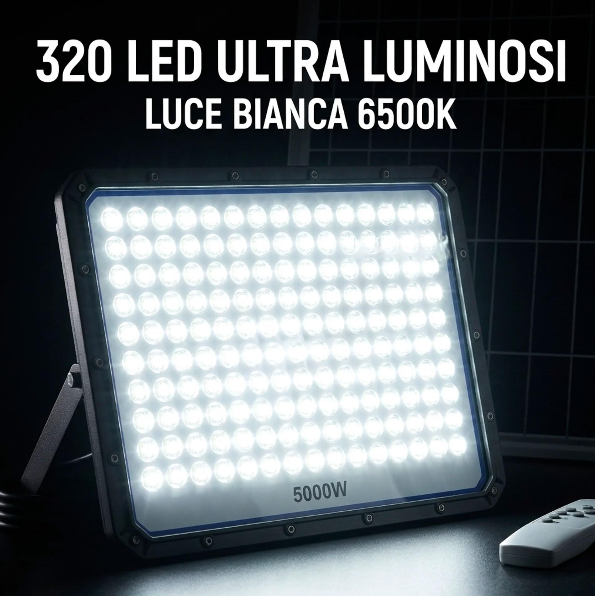 081 Store - Faro LED Esterno con Pannello Solare 5000W, IP66 Impermeabile, 320 LED, Luce Bianca 6500K, Telecomando, Autonomia 12 Ore