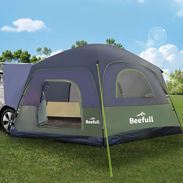 SUV Tent for Camping with Rainfly, 6-8 Person Car Camping Tent with Waterproof PU2000mm, Double Layer Design with Storage Bag, Green & Gray