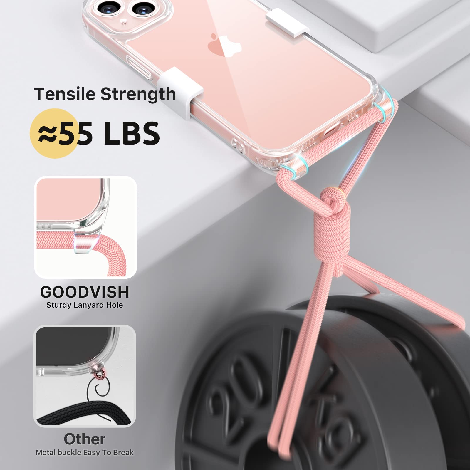 GOODVISH Cover Trasparente con Cordino per iPhone 13 6.1'', con 2 Pezzi di Pellicola Protettiva, Custodia con Regolabile Laccio Tracolla, [Antiurto] [AntiGraffio] Case con Collana, Rosa - Vista 5