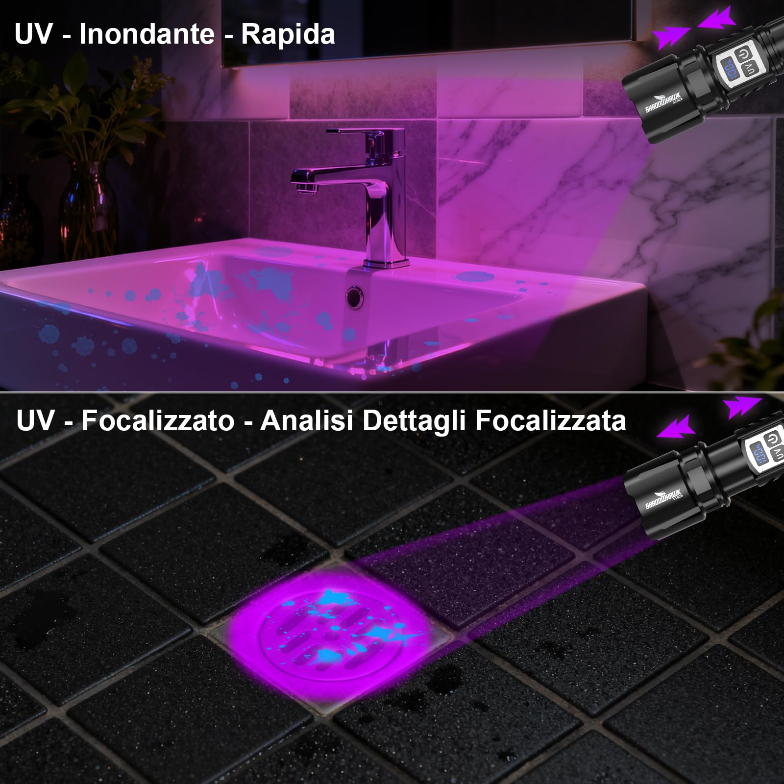 Shadowhawk Torcia LED Potente Professional 2-in-1 UV Doppio Interruttore | 1,000,000 Lumen (Bianca) Ultraluminosa con Luce UV per Campeggio/Trekking/Ispezione, Dimmerazione senza Gradi, Uso Comodo